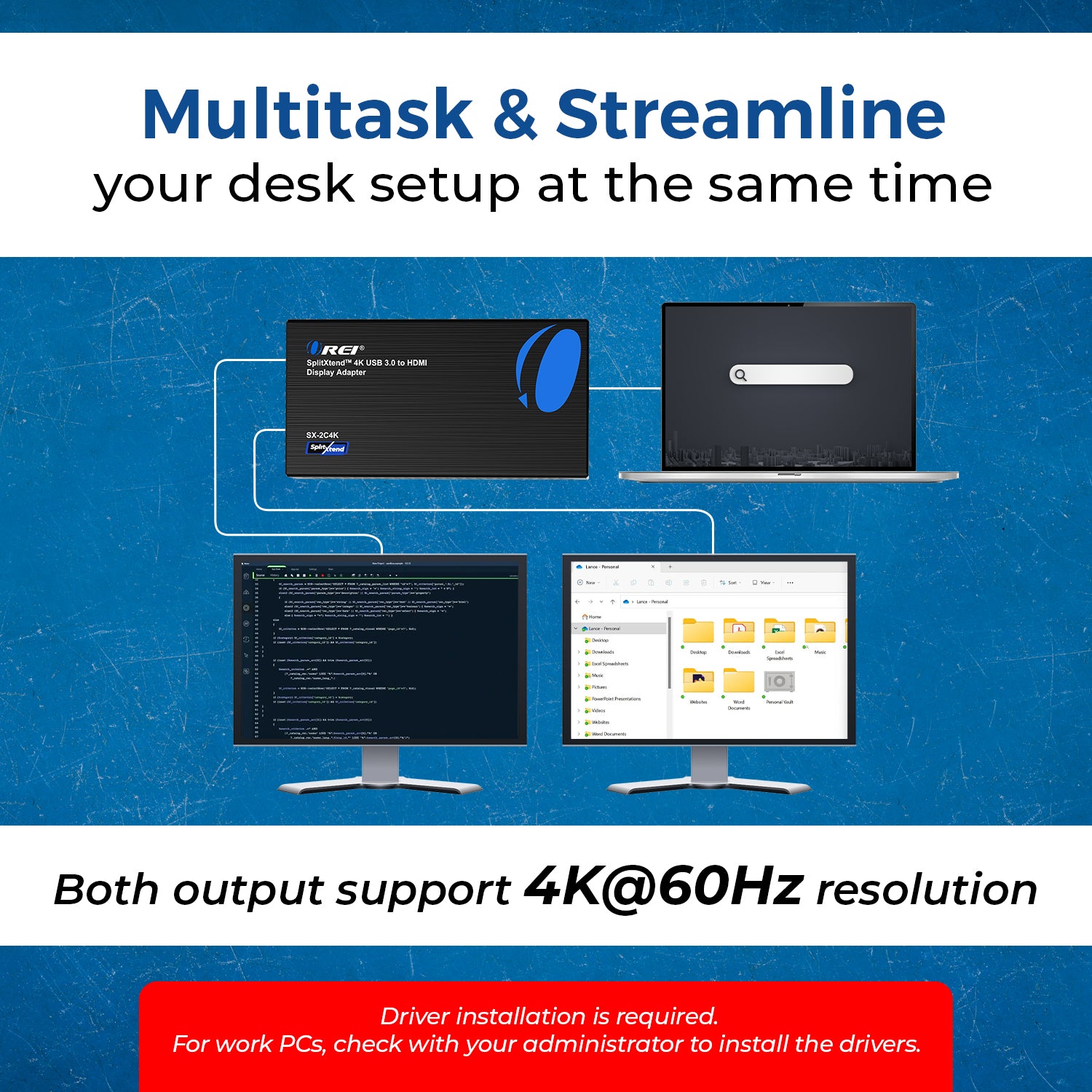 SplitXtend 4K USB 3.0 to HDMI Display Adapter (SX 2C4K) - Dual Monitor Extender for Laptop, PC & Mac - Perfect for Home Office, Gaming & Video Conferencing