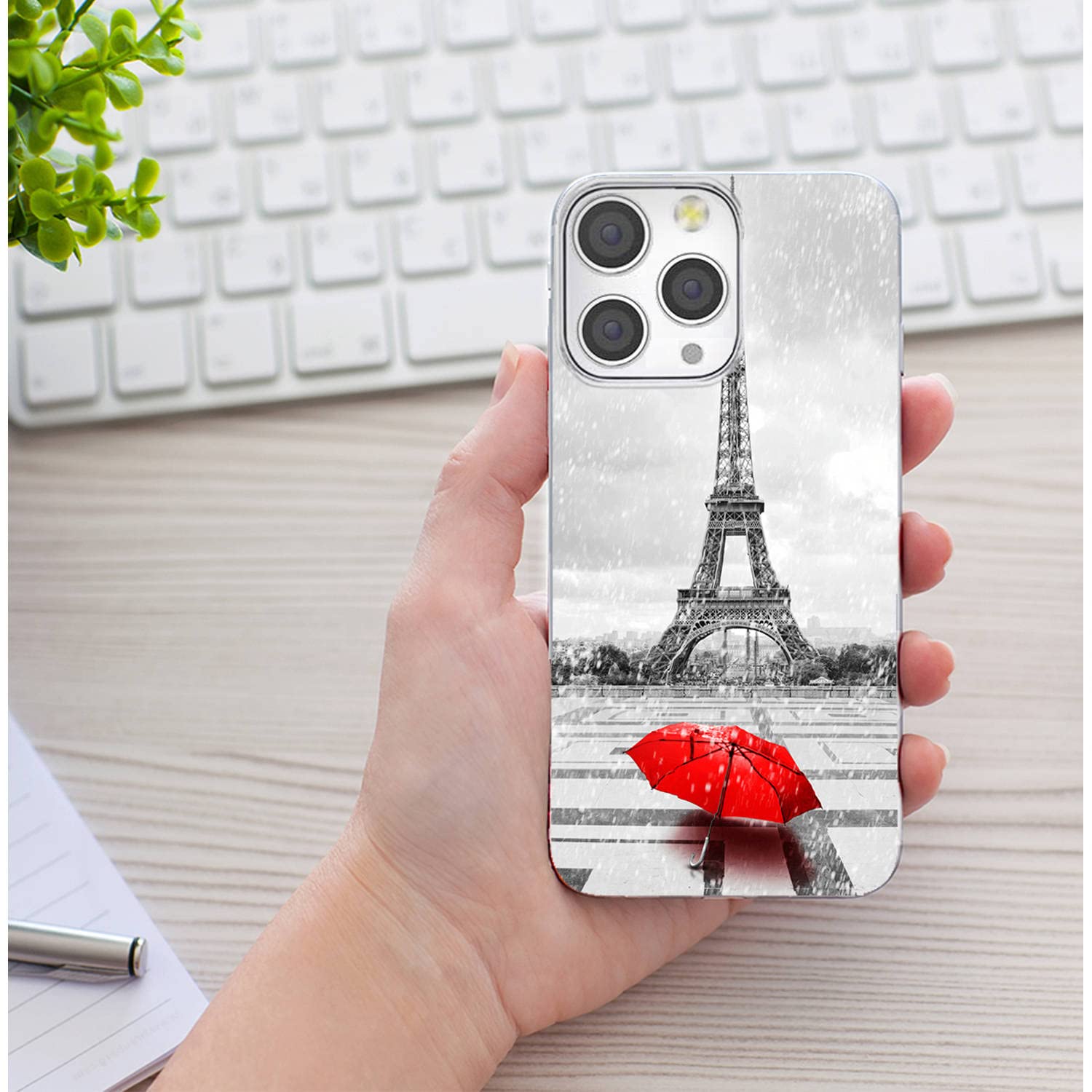 Shockproof Slim Clear TPU Phone Case for iPhone 13 Pro Max 6.7 Inch - Paris Eiffel Tower Rain Red Umbrella Design | Protective Cover for Everyday Use, Travel & Outdoor Activities