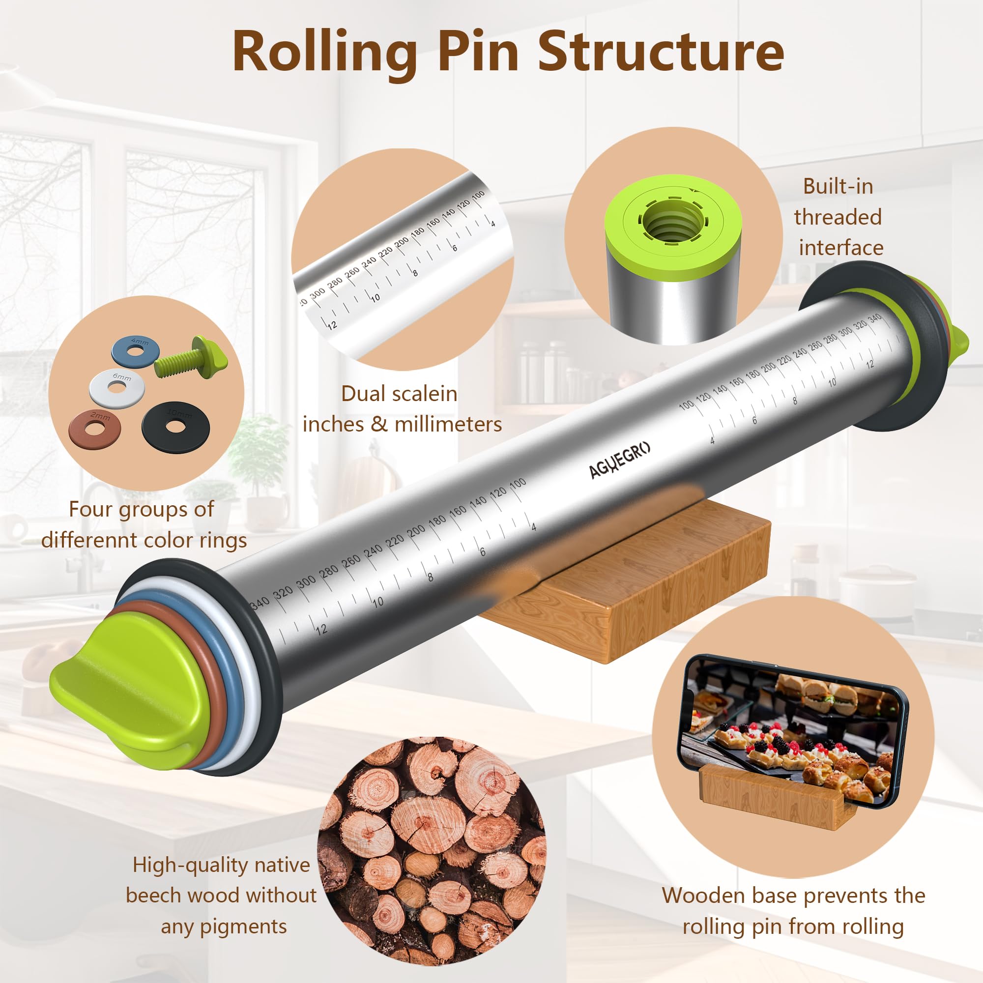 Premium Stainless Steel Rolling Pin with 4 Multi-Color Thickness Rings & Wooden Stand - 13.6