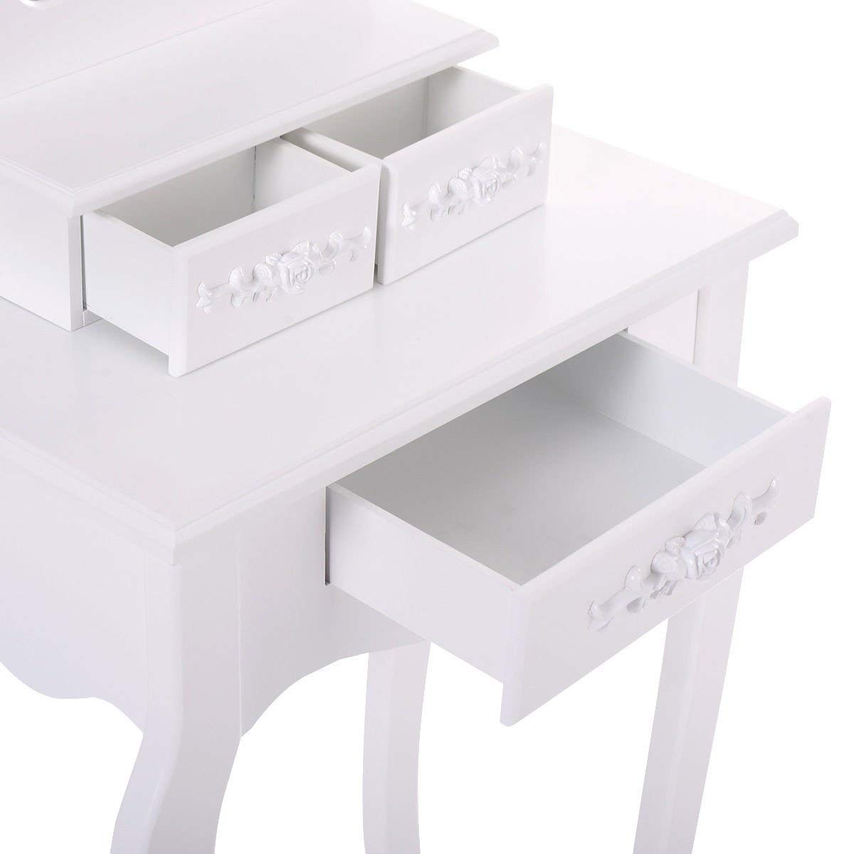 White Wooden Bathroom Vanity Set with Mirror & Makeup Stool - Modern Dressing Table for Small Spaces, Perfect for Makeup, Skincare, and Hair Styling