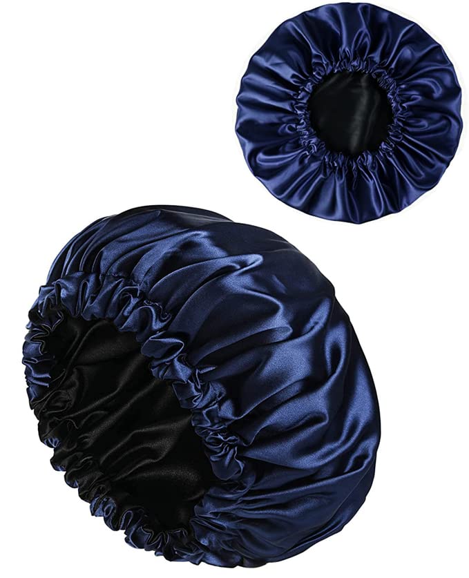 Adjustable Satin Silk Sleep Cap for Curly Hair - Reversible Double Layer Night Sleeping Hair Bonnet (Navy Blue) | Perfect for Protecting Hair While Sleeping & Traveling