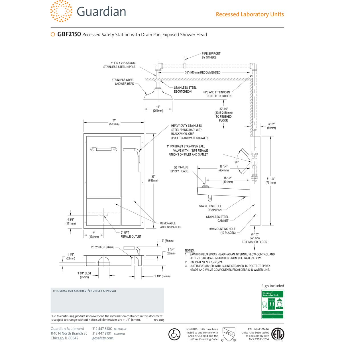 Guardian GBF2150 Recessed Emergency Drench Shower & Eye/Face Wash Station - ANSI Compliant Safety Equipment for Chemical Spills in Labs & Industrial Workplaces