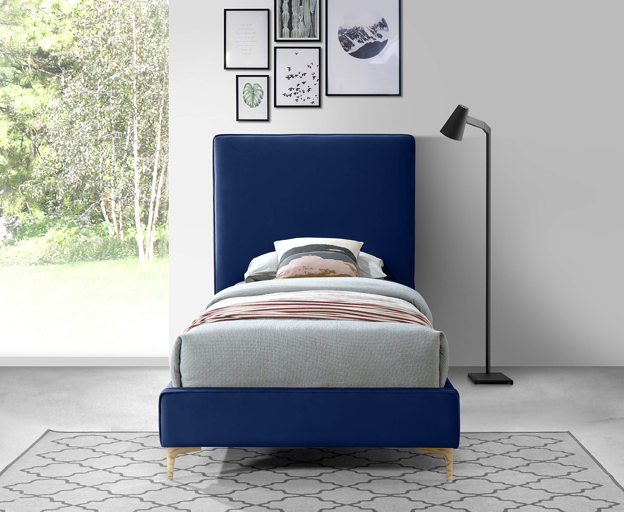 Modern Velvet Upholstered Twin Bed with Gold/Chrome Finish - Navy Blue Geri Collection by Meridian Furniture | Luxury Bedroom Decor for Contemporary Homes & Guest Rooms