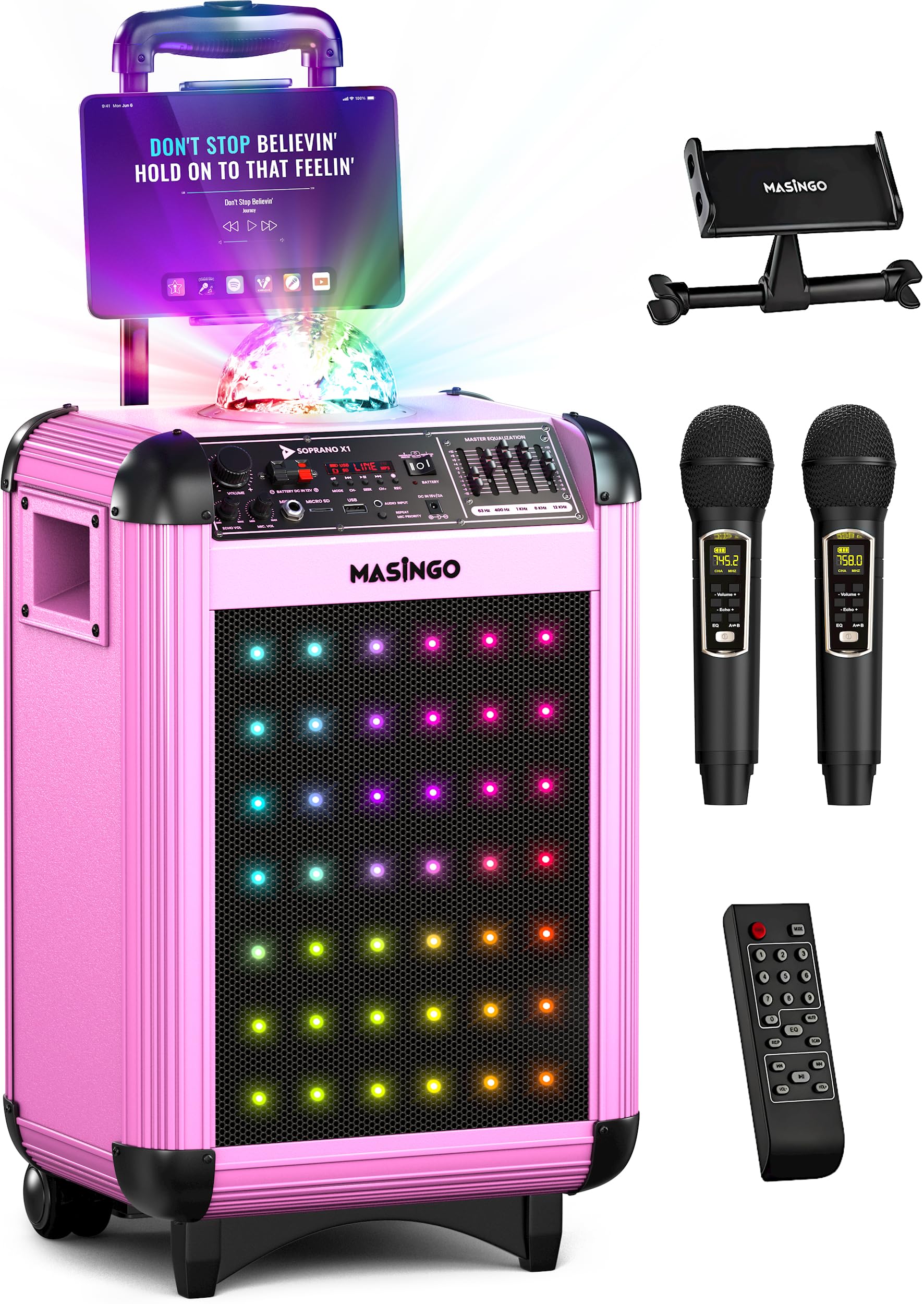 MASINGO X1 Karaoke Machine with Bluetooth Wireless Microphones - Portable PA Speaker System with Disco Lights, Lyrics Display & TV Cable for Home Parties, Family Gatherings & Kids Entertainment (Soprano X1 Model)