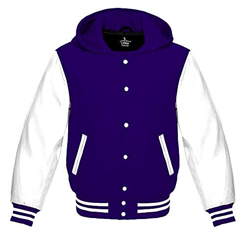Premium Wool Varsity Hoodie Jacket with Genuine White Leather Sleeves - Baseball Letterman Bomber for School & College - Perfect for Sports Teams, Campus Wear & Casual Outfits