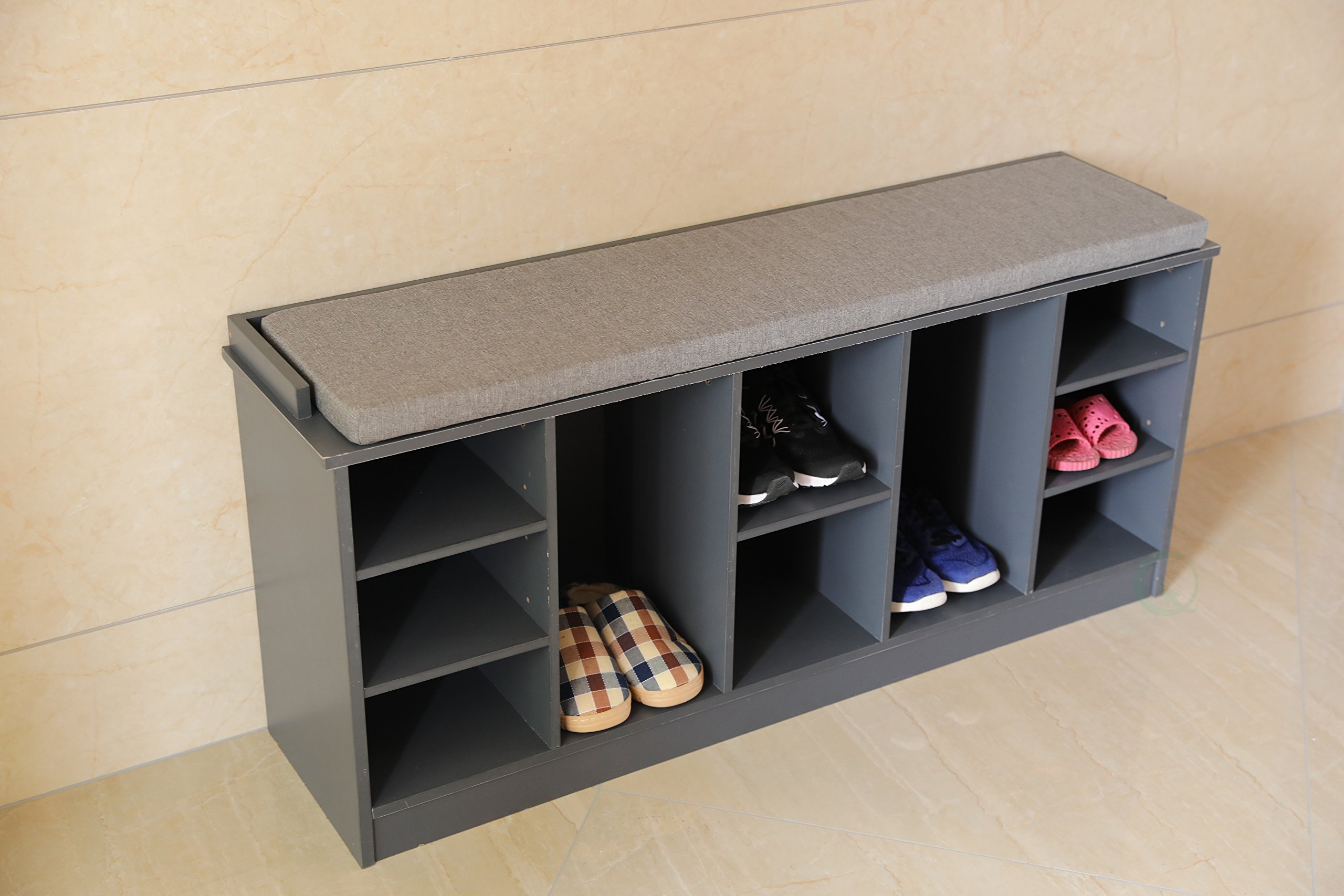 Basicwise QI003280LNEW Wooden Shoe Storage Bench with Soft Cushion - Entryway Organizer & Seating Solution, Grey - Perfect for Hallway, Mudroom & Small Space Organization