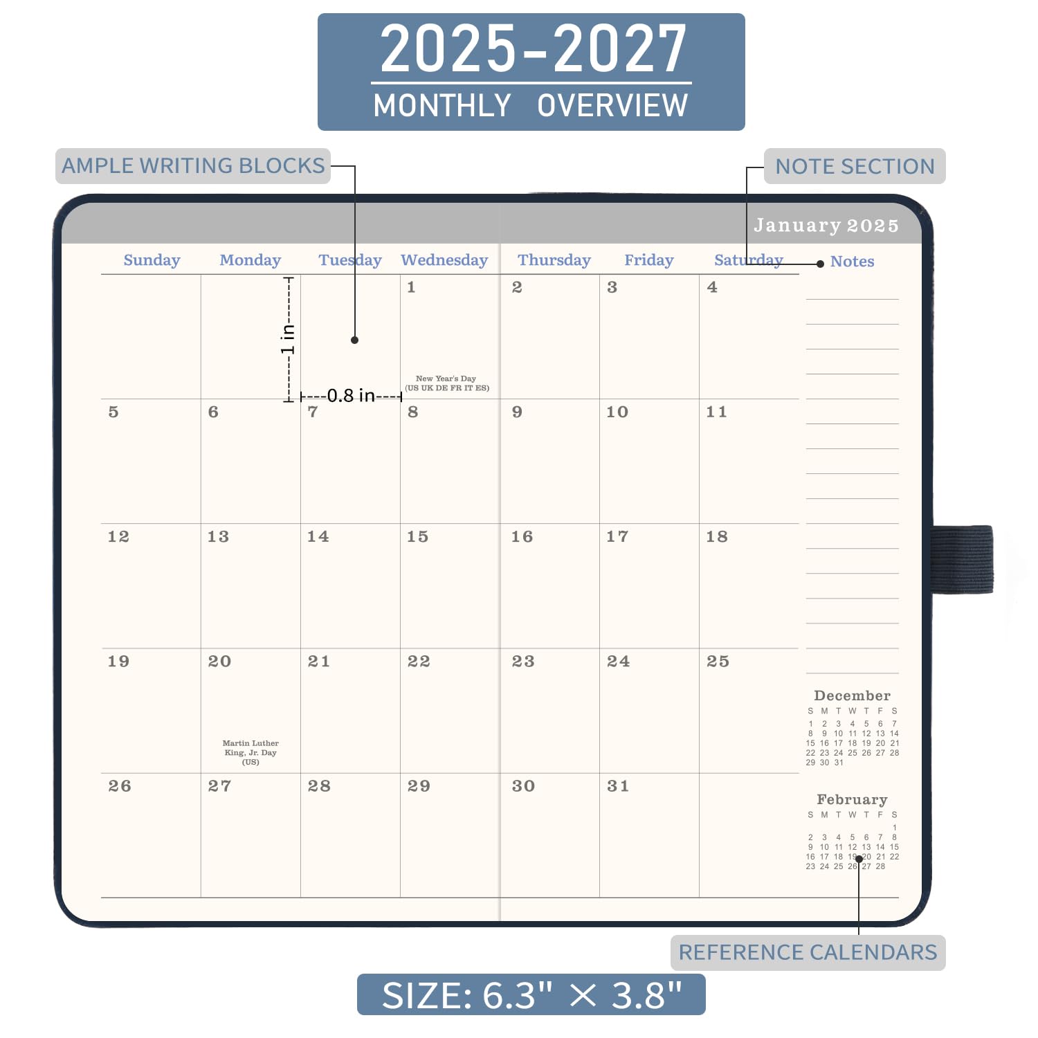 2025-2027 3 Year Monthly Pocket Planner - Jan 2025 to Dec 2027 Compact 6.3