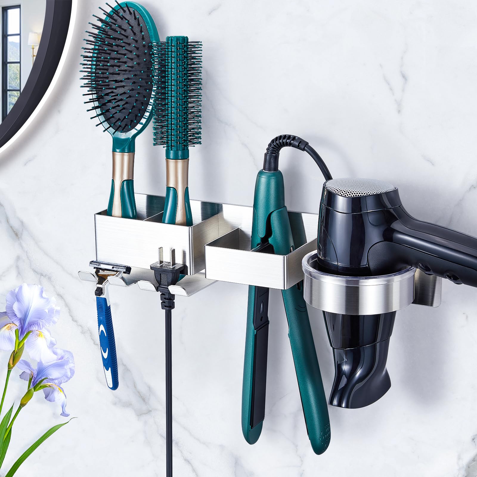 Wall Mounted Hair Straightener & Blow Dryer Holder - Stainless Steel Hair Tool Organizer with Adhesive & Plug Hook - Perfect for Bathroom, Salon & Home Hair Styling Storage