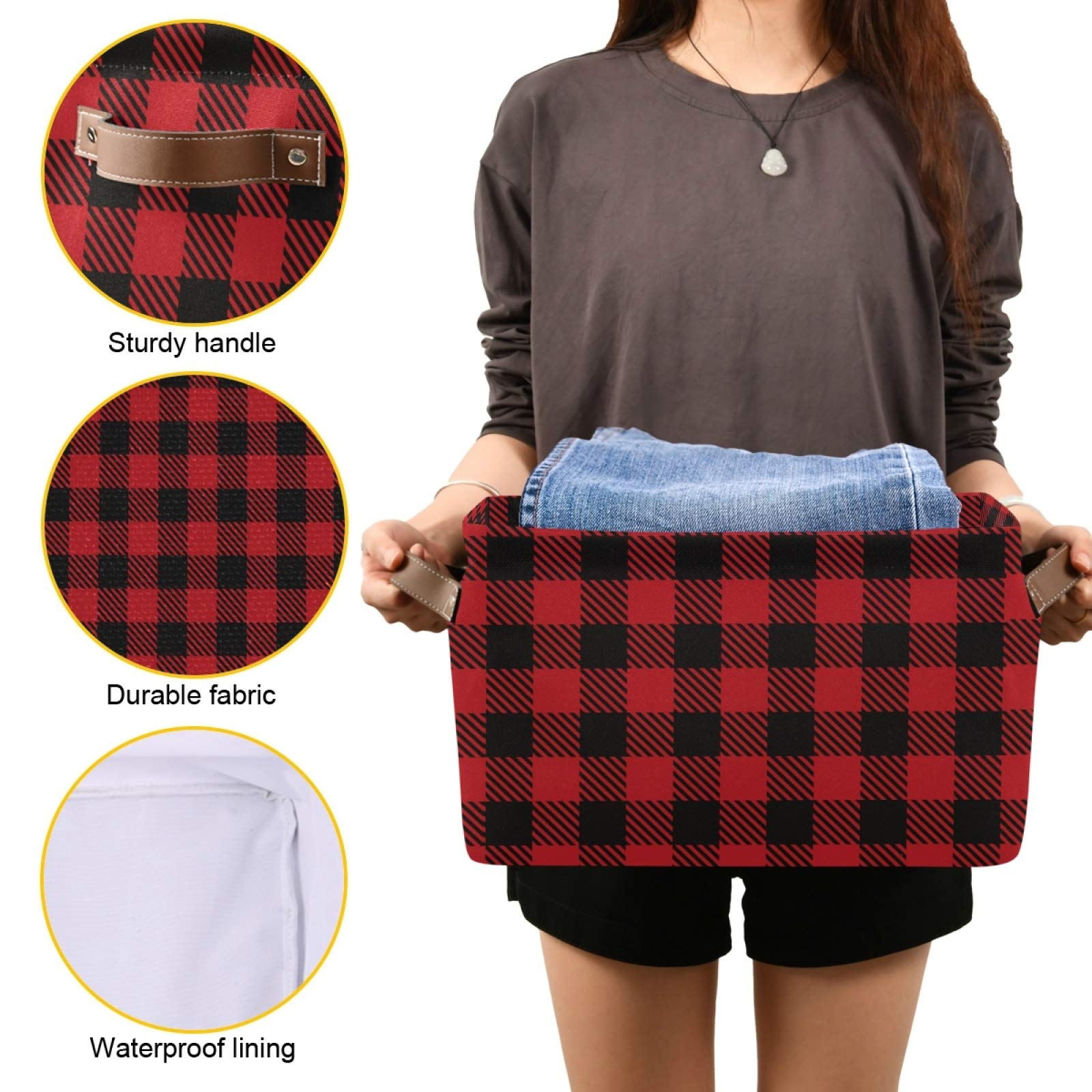 ALAZA Foldable Storage Bins - Black and Red Lumberjack Plaid Fabric Storage Boxes with Handles | Closet Organizer for Bedroom, Nursery, Kids Room | Perfect for Toys, Books, Blankets & Seasonal Storage (Set of 2) | Space-Saving Home Organization Solution