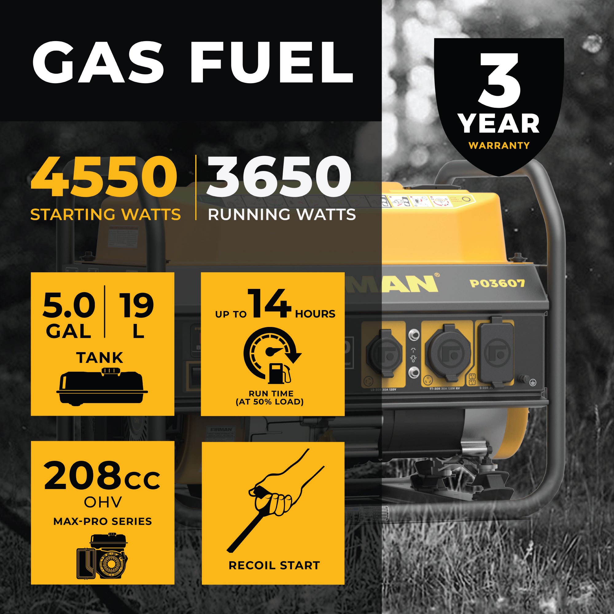 4550W Portable Gas Generator with Recoil Start - Reliable Power for Camping, Emergencies & Outdoor Activities
