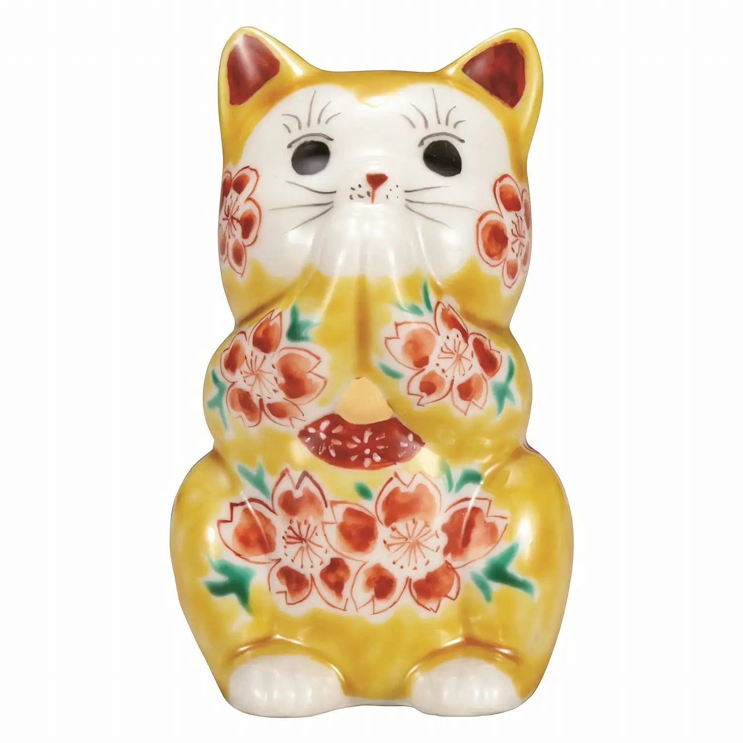 Authentic Japanese Kutani Ware Porcelain Praying Cat Figurine - Sakura Yellow 3.2