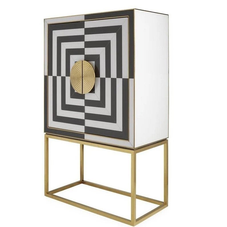 Handmade Black and White Bone Inlay Bar Cabinet - Vintage Style Alcohol Storage & Display Case | Perfect for Home Bars, Living Rooms, and Entertaining Guests