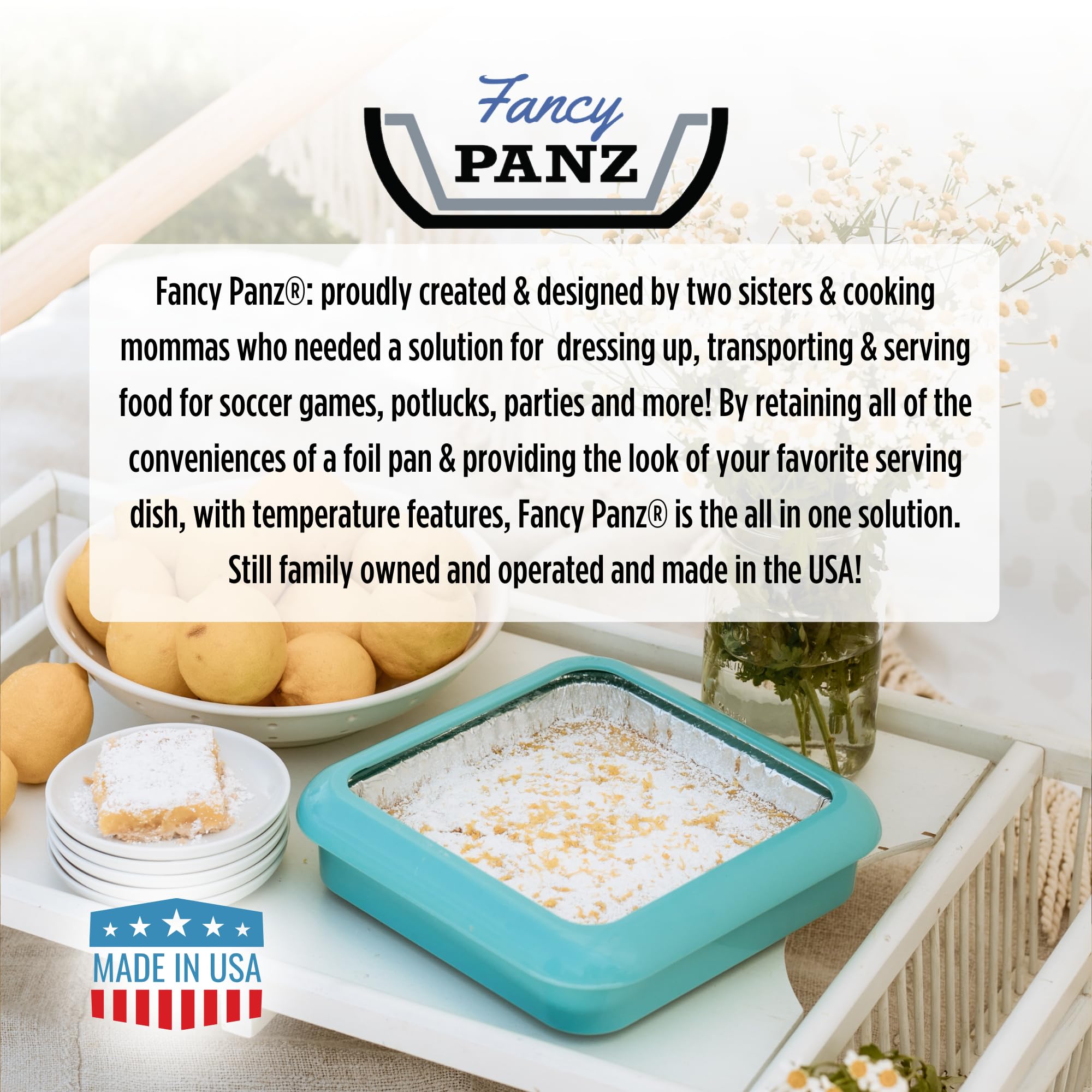 Premium 8x8 Stackable Aluminum Serving Tray with Foil Pan Carrier | Made in USA | Denim Blue Food Tray for Travel, Picnics & Potlucks | Includes Disposable Foil Pan & Serving Spoon