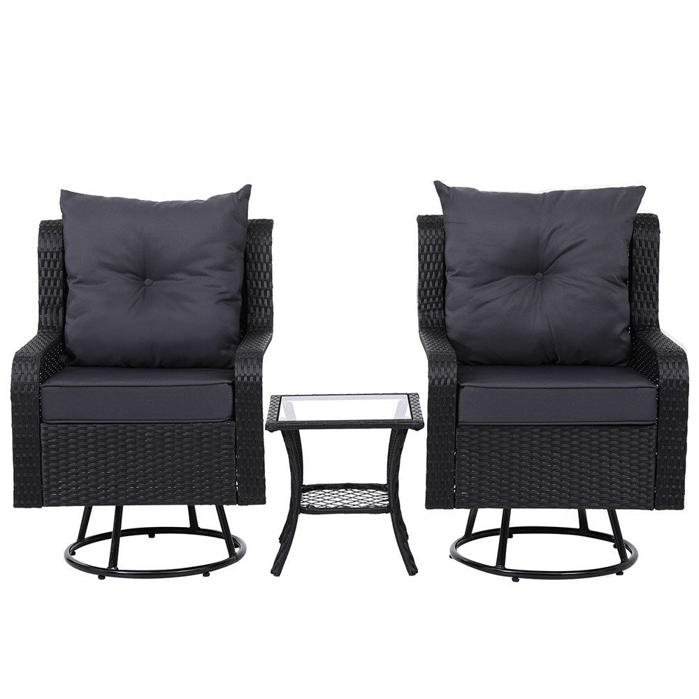 3-Piece Outdoor Patio Bistro Set with Wicker Swivel Chairs, Side Table & Cushions - Brown Rattan Garden Furniture for Balcony, Deck, Poolside or Backyard Relaxation