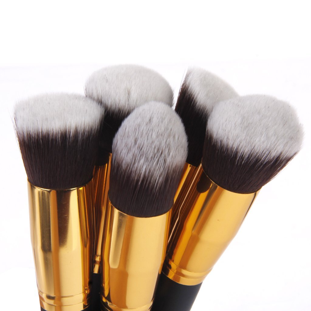TYAGIRL 10-Piece Wooden Handle Makeup Brush Set with Aluminum Tube & Fiber Bristles - Black & Golden for Foundation, Blending, Eyeshadow & Contouring - Perfect for Professional Makeup Artists & Beginners