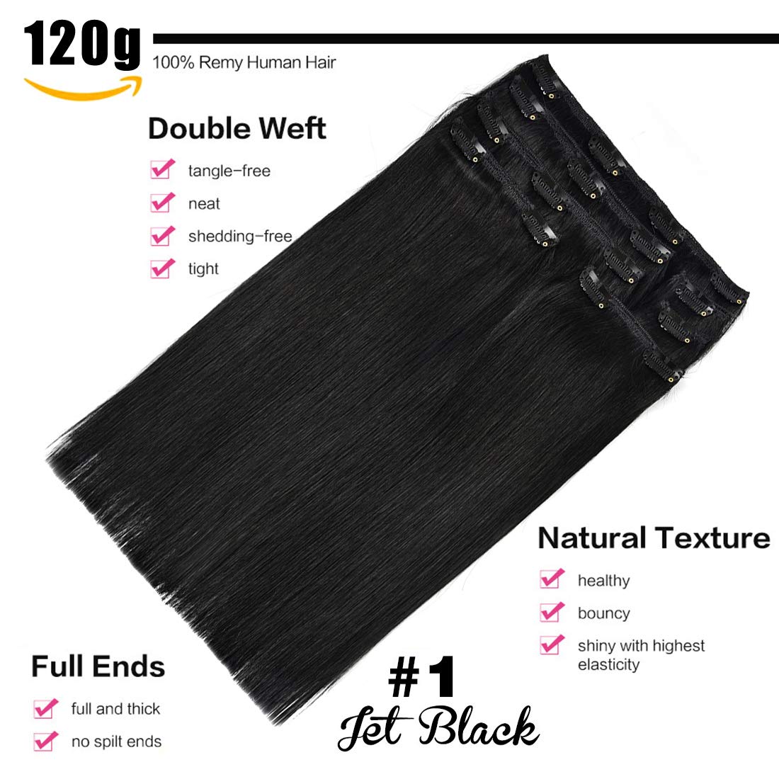 Clip in Hair Extensions 20 Inch Jet Black - 7pcs 120g Real Human Hair Extensions #1 Thickened Straight for Volume & Length | Perfect for Weddings, Parties & Daily Styling