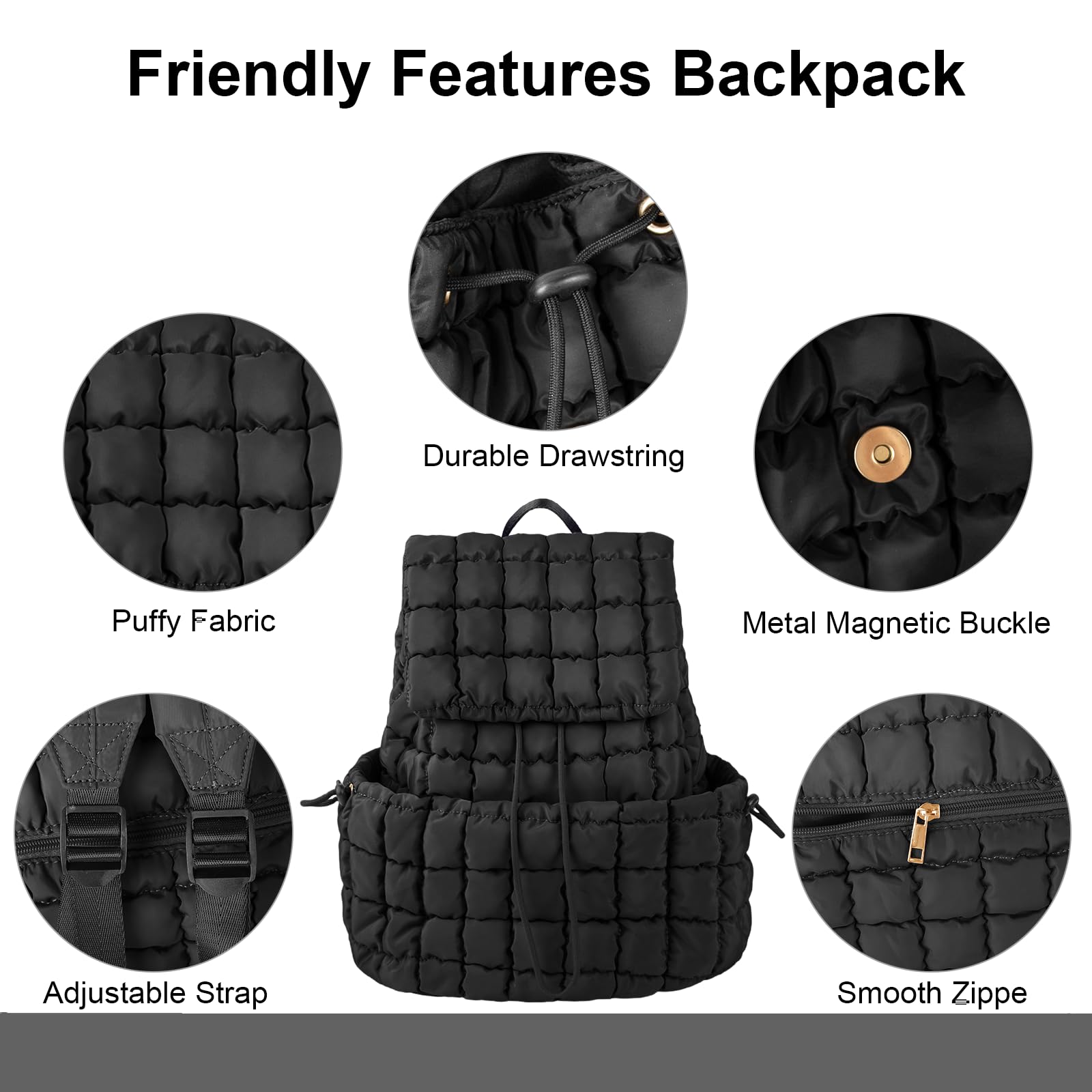 Quilted Backpack Purse for Women - Lightweight Puffer Laptop Bag for College, Travel & Gym (Black)