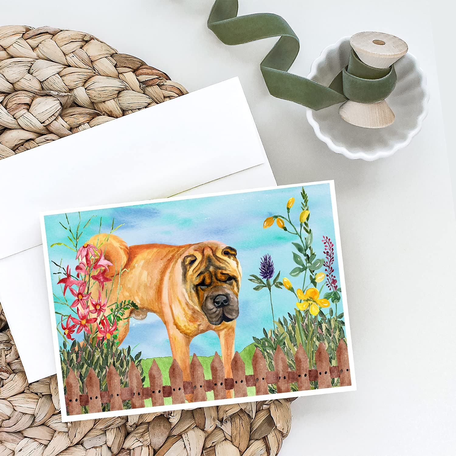 Shar Pei Spring Greeting Cards & Envelopes Set - 8 Blank A7 Note Cards (5x7 Inches) for Birthdays, Thank You Notes & Seasonal Greetings | Whimsical Dog Lover Stationery