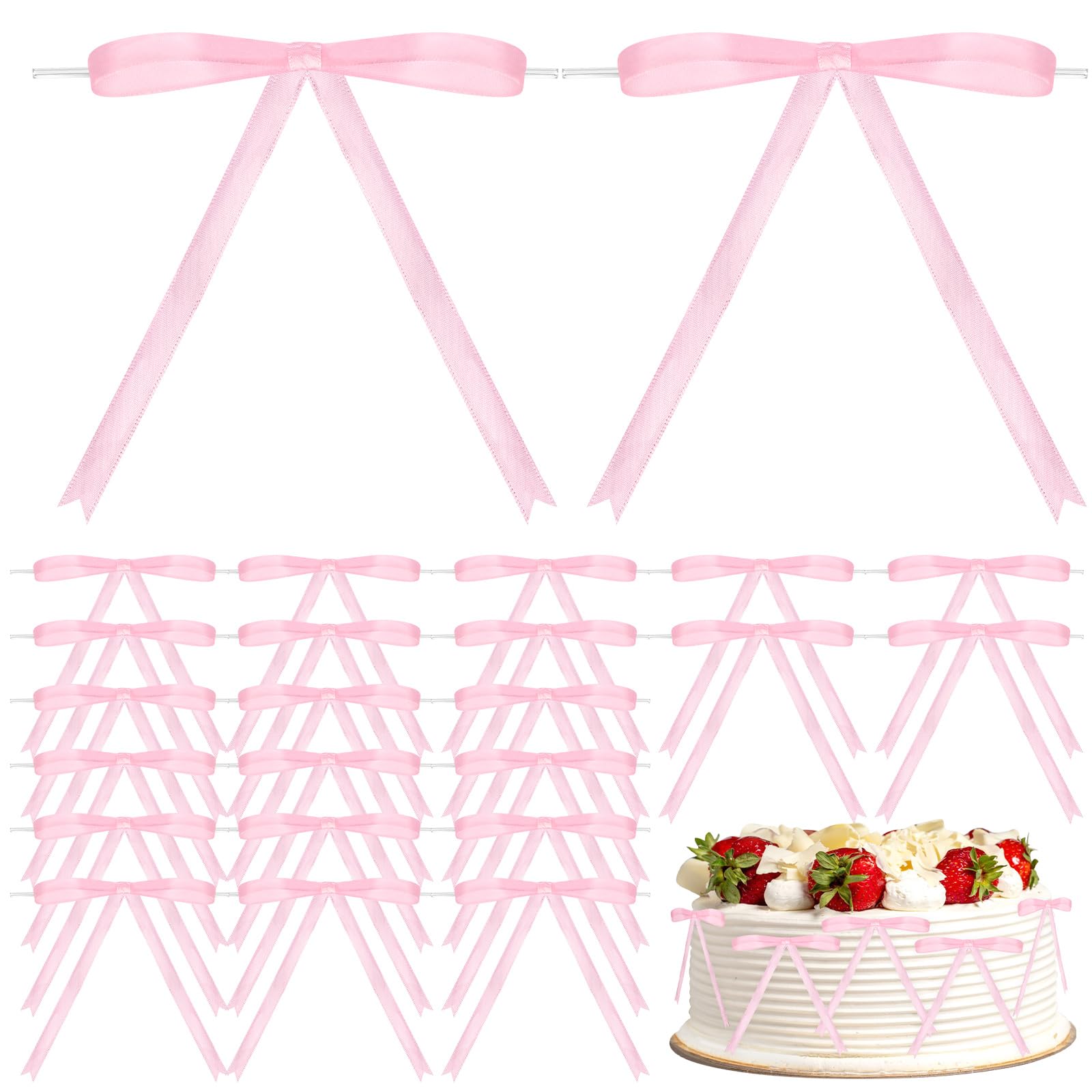 60 Pcs Pink Twist Tie Bows for Cake Decorating, Gift Wrapping & Crafts - 5 x 7 Inch Satin Ribbon Bows - Perfect for Party Favors, Wedding Decorations & DIY Projects
