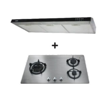 Ellane 60cm/90cm Slimline Hood with Black Panel EH 9180 + Ellane OS 812SV 86cm 3 Burner Gas Cooker - Modern Kitchen Ventilation & Cooking Combo for Home Chefs