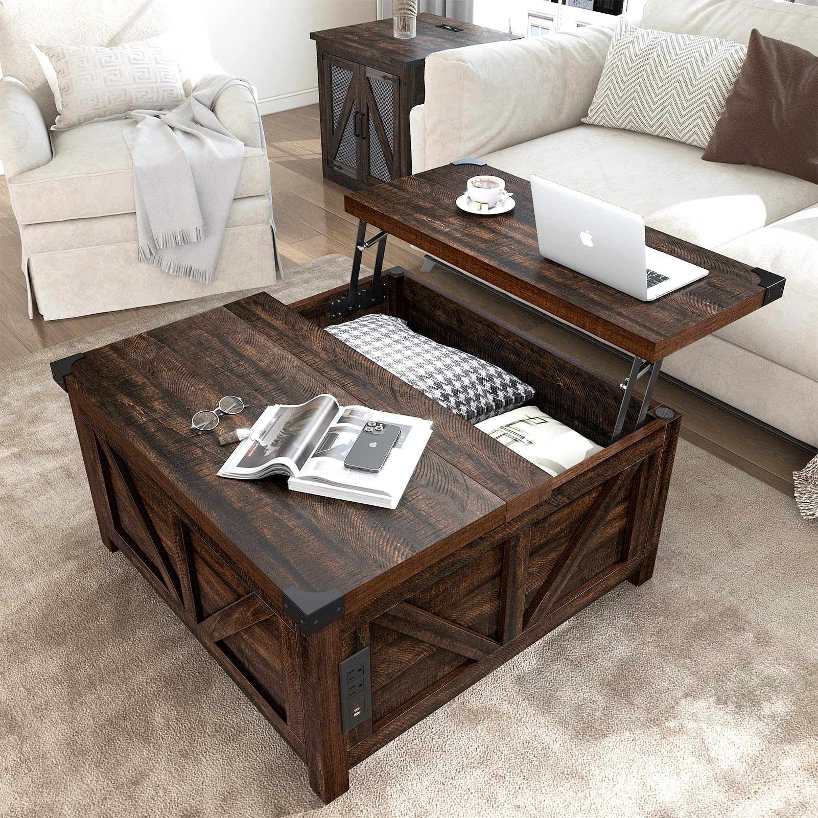 Farmhouse Lift Top Coffee Table with Storage - Wood Square Center Table with Charging Station & USB Ports - Large Hidden Compartment - Perfect for Living Room, Bedroom & Home Office - Ideal for Small Space Organization & Entertaining Guests