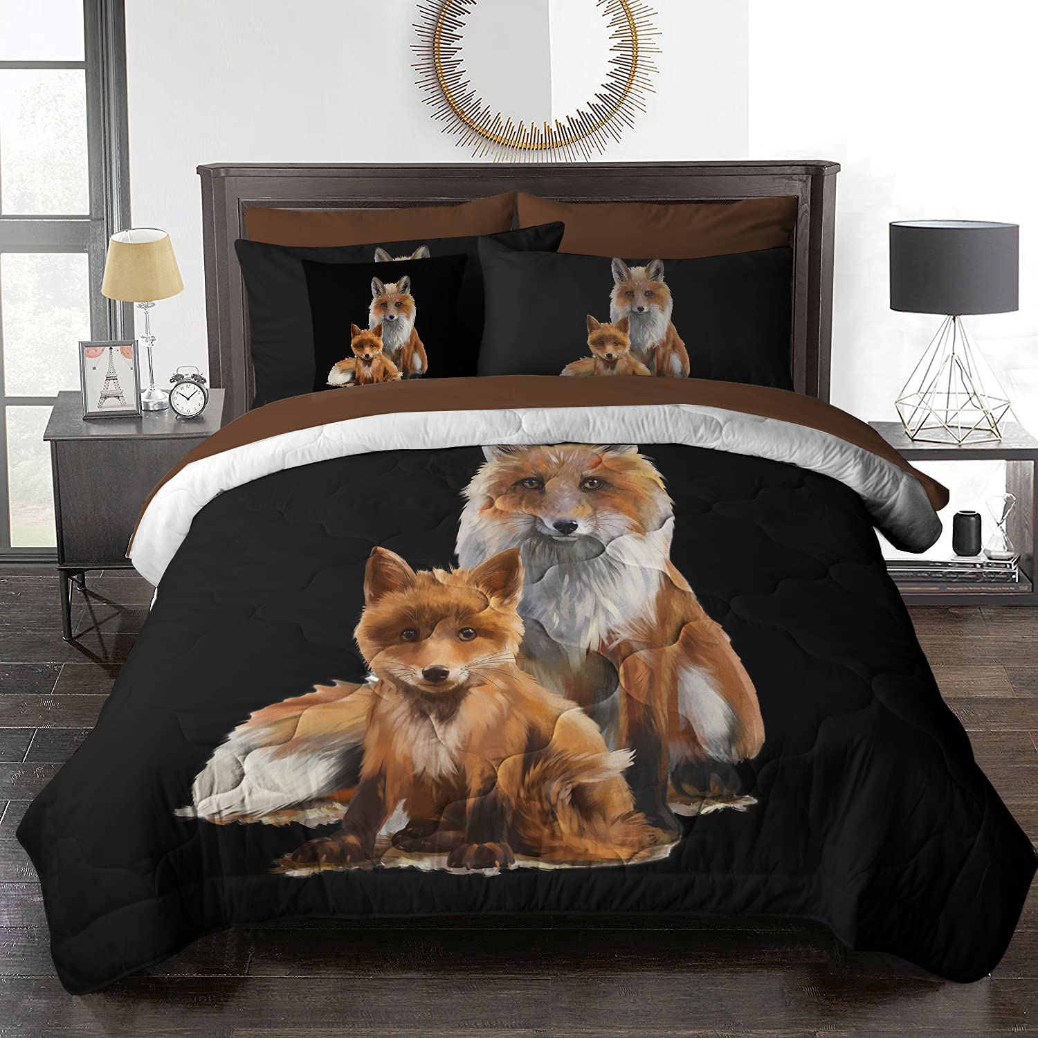 BlessLiving Woodland Fox Queen Size 8-Piece Bedding Set - Mother & Cub Comforter, Pillowcases, Sheets & Cushion Cover for Kids & Teens - Cozy Wildlife Themed Bedroom Decor for Nursery, Dorm or Cabin