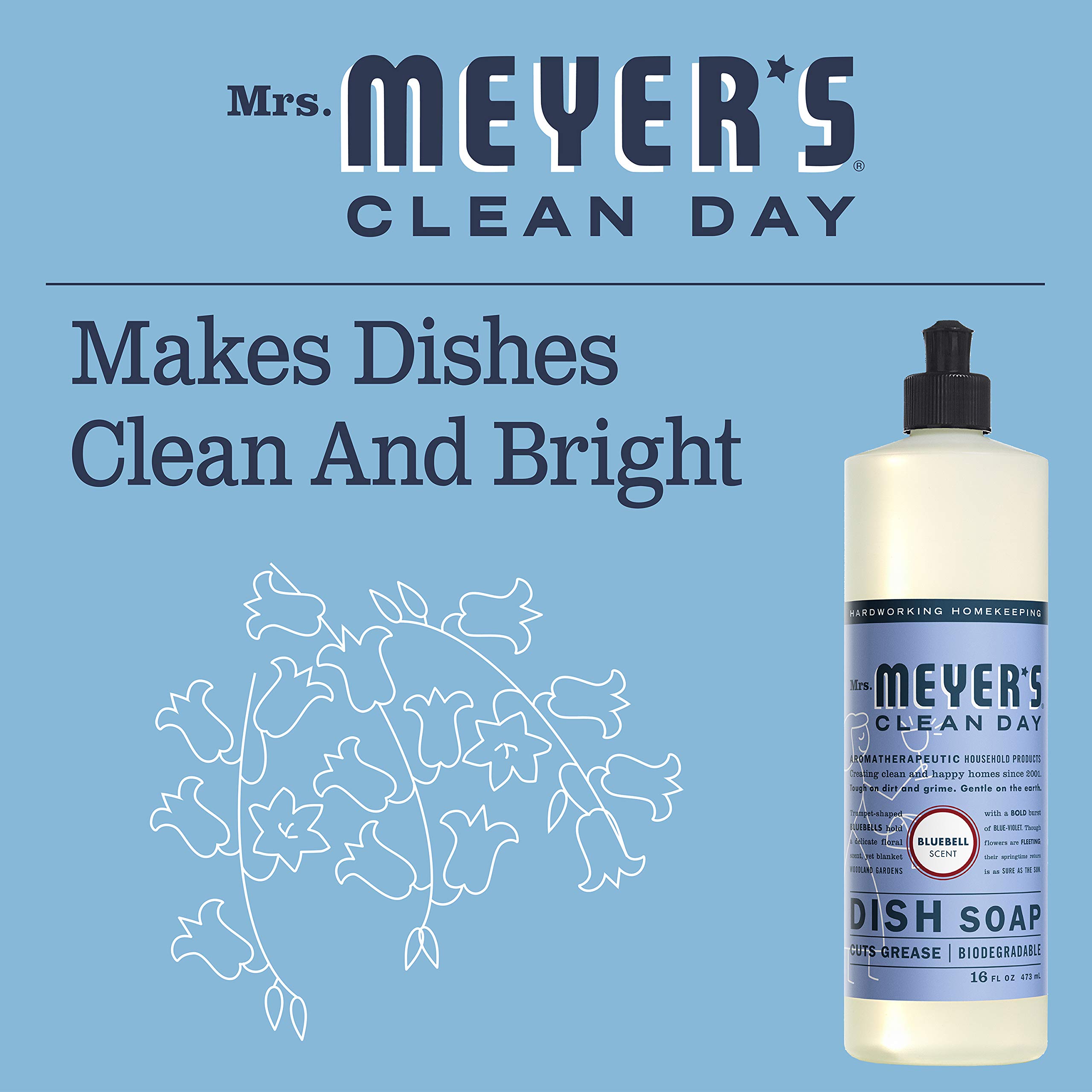 Mrs. Meyer's Clean Day Dish Soap - Cruelty Free, Bluebell Scented Dishwashing Liquid, 16 fl oz (Pack of 3) - Gentle on Hands, Tough on Grease for Daily Kitchen Cleaning