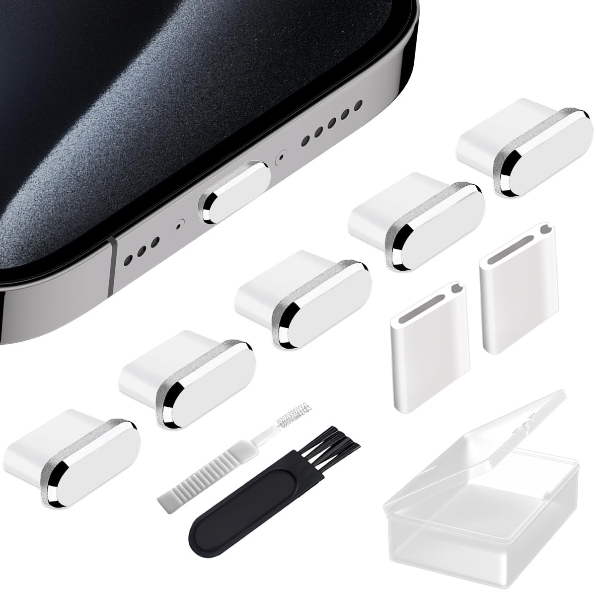 Premium 5-Pack USB-C Anti Dust Plugs - Compatible with iPhone 16/15 Pro Max/Plus, Galaxy S25/S24 Ultra, Pixel & Moto | Type-C Charging Port Cover Protector with Cleaning Brush | Wireless Accessory (Silver) | Perfect for Travel, Office & Home Use