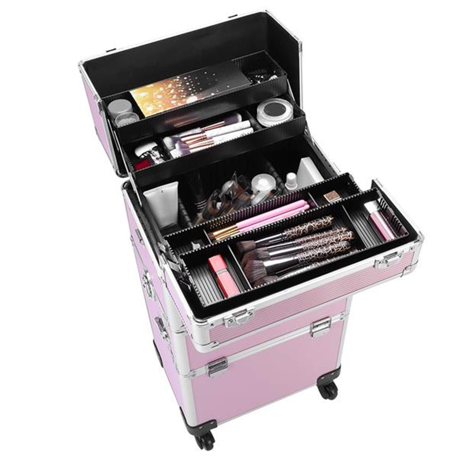 Professional 3-in-1 Aluminum Rolling Makeup Case - Cosmetic Organizer with 4 Detachable Wheels, Pink Trolley Train Case for Artists & Tattoo Professionals | Perfect for Salon, Travel & Mobile Beauty Services