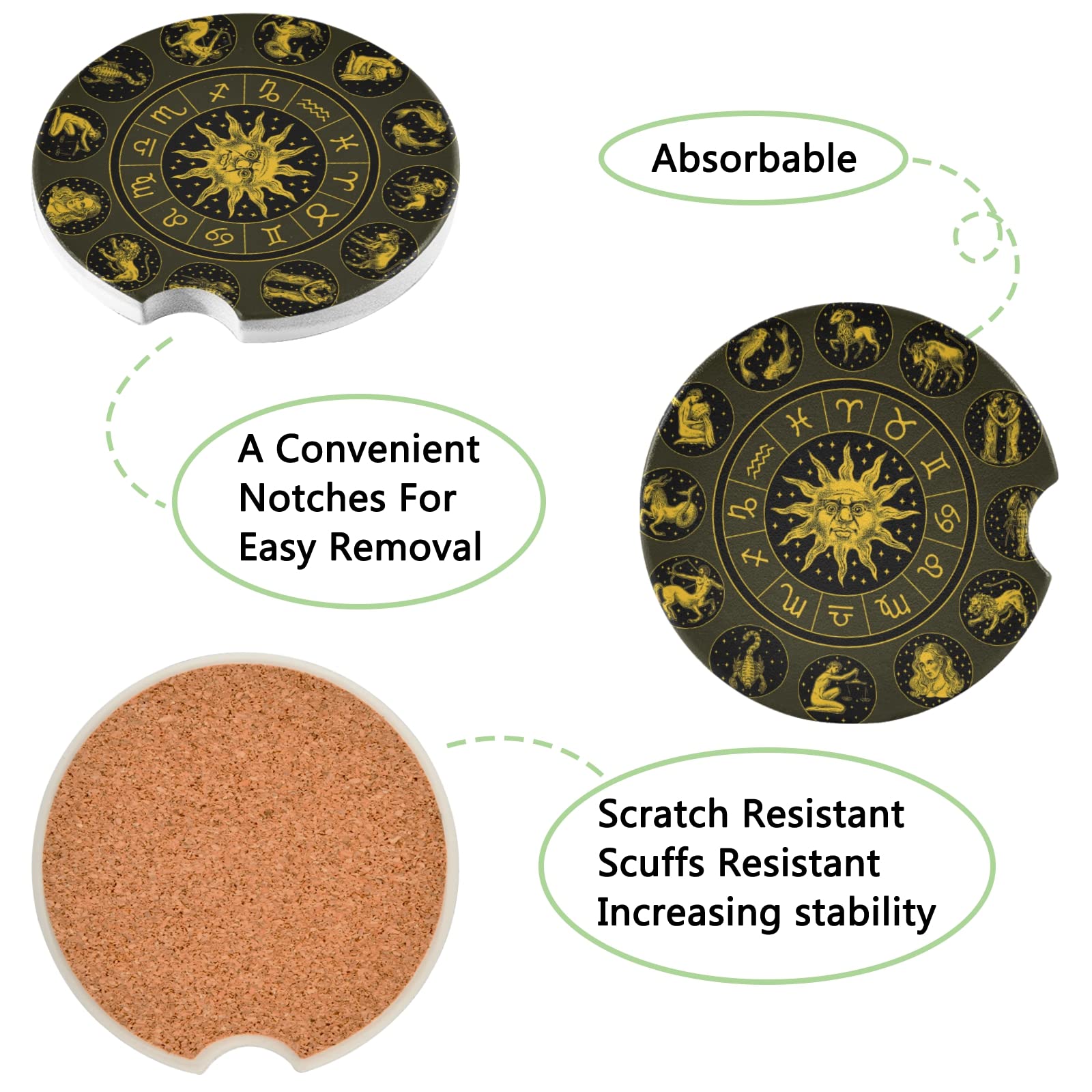 2PCs Gold Zodiac Wheel Astrology Horoscope Car Coasters Set with Sun & Star Signs - Round Absorbent Cup Mats with Cork Back & Finger Slot for Easy Removal - Perfect Mug Protector for Cars, Office & Home Use
