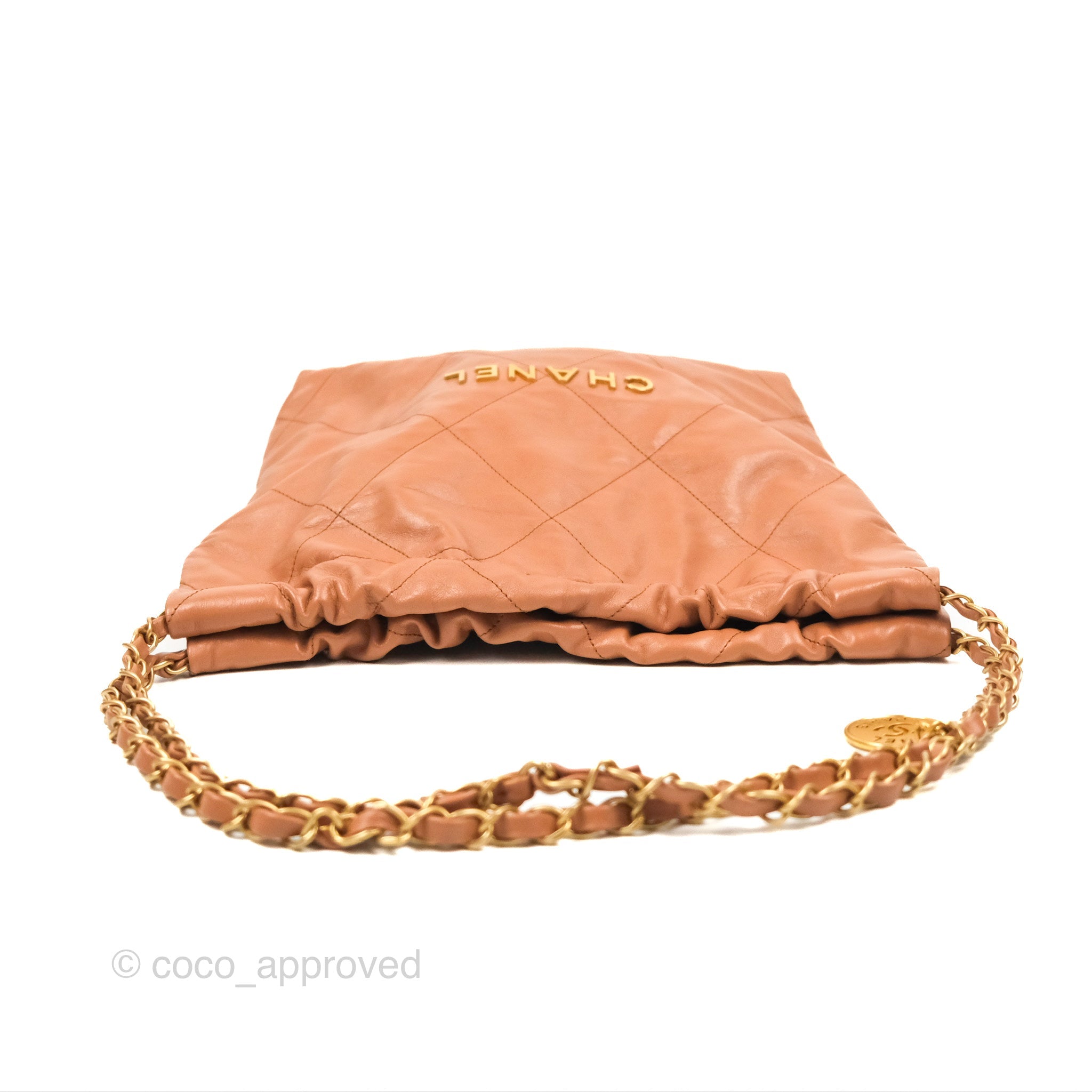 Chanel 22 Small Handbag in Caramel Beige Shiny Calfskin Leather with Aged Gold Hardware - Luxury Crossbody Bag for Women, Perfect for Date Night & Evening Events