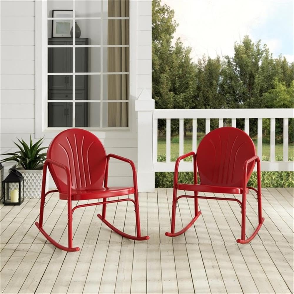 Premium Steel Metal Rocking Chair Set of 2 - Vibrant Glossy Red Finish - Outdoor Patio, Garden, Porch & Living Room Relaxation Furniture