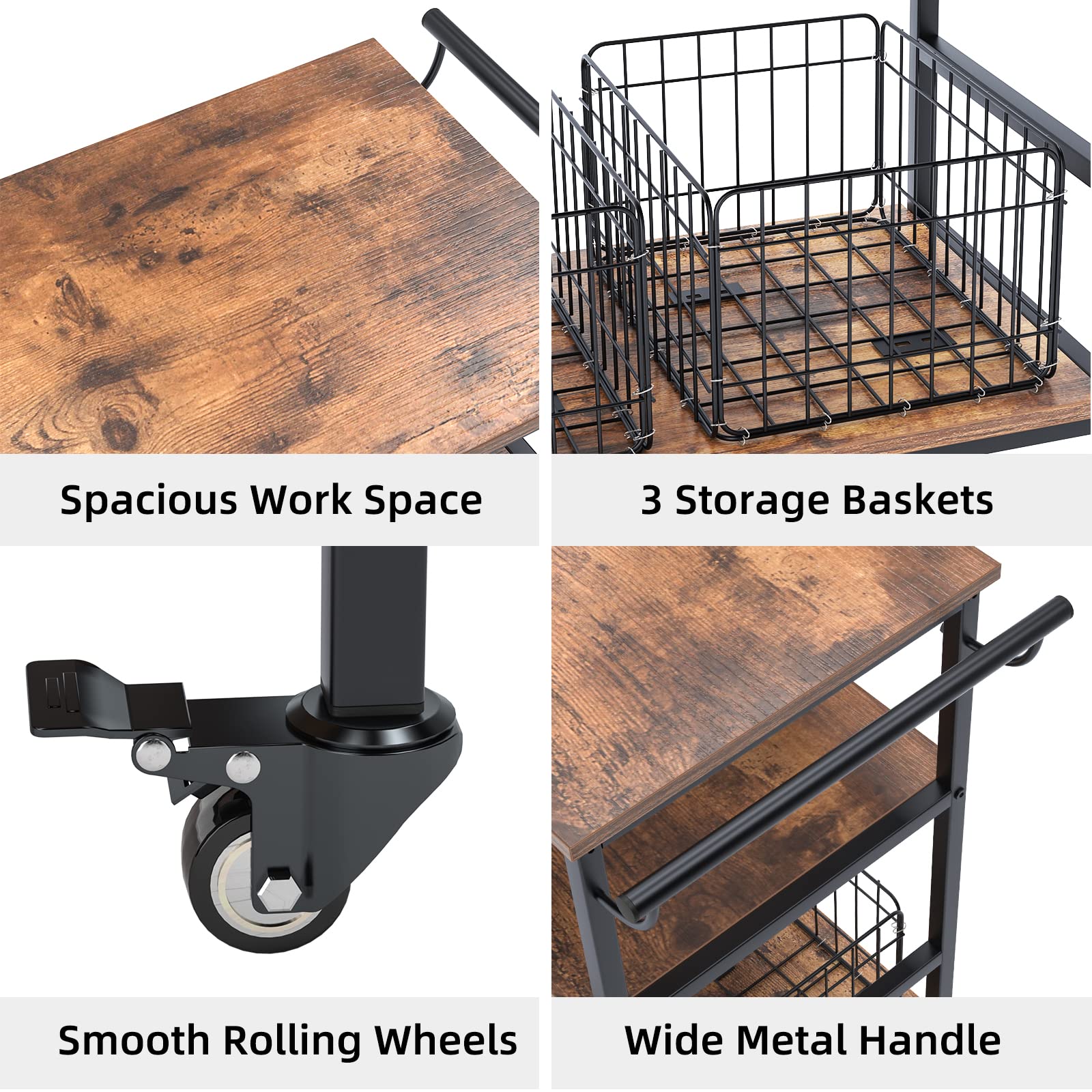 Soges 3-Tier Rolling Kitchen Island Cart with Wheels - 45.3 Inch Mobile Bar Cart with 3 Removable Baskets, Brake Casters & Towel Rack - Perfect for Kitchen Storage, Serving, and Entertaining