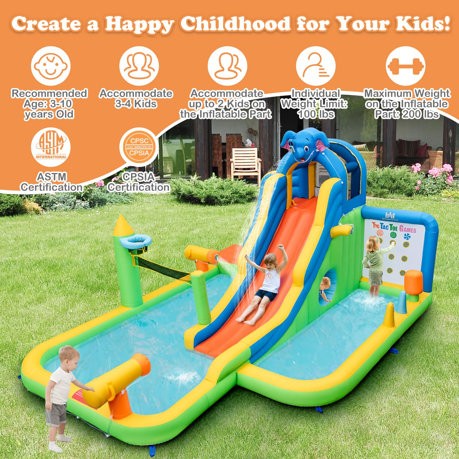 BOUNTECH 12.5x15.5FT Inflatable Water Slide Park with Splash Pool - Kids Outdoor Water Slide with Tic Tac Toe, Hide & Seek Cave - Blow Up Water Slides for Backyard Parties, Summer Fun & Birthday Gifts - Perfect for Kids Outdoor Play, Family Gatherings & Summer Water Activities