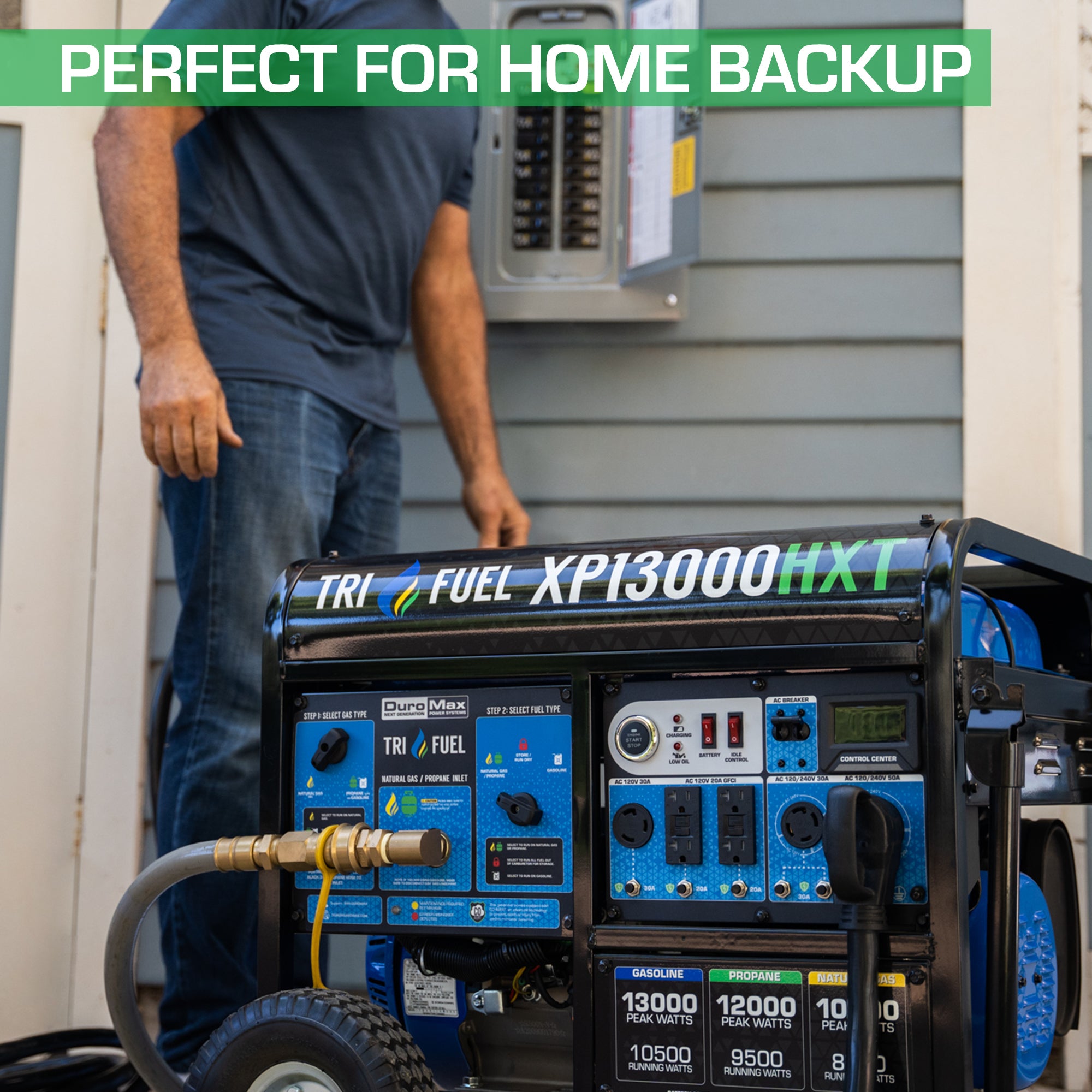 DuroMax XP13000HXT 10500W/13000W Tri-Fuel Portable Generator - Gasoline/Propane/Natural Gas with CO Alert & Remote Start - Perfect for Home Backup Power, Camping & Emergency Use