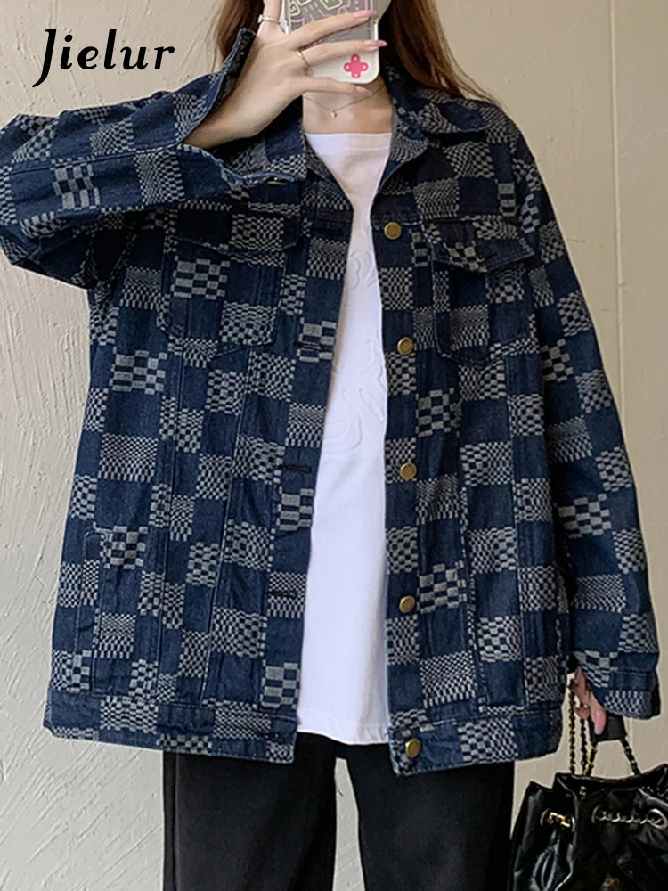 Stylish Women's Autumn Korean Fashion Denim Jacket - Loose Fit Retro Blue Black Plaid Checkerboard Coat for Casual Outings and Layering