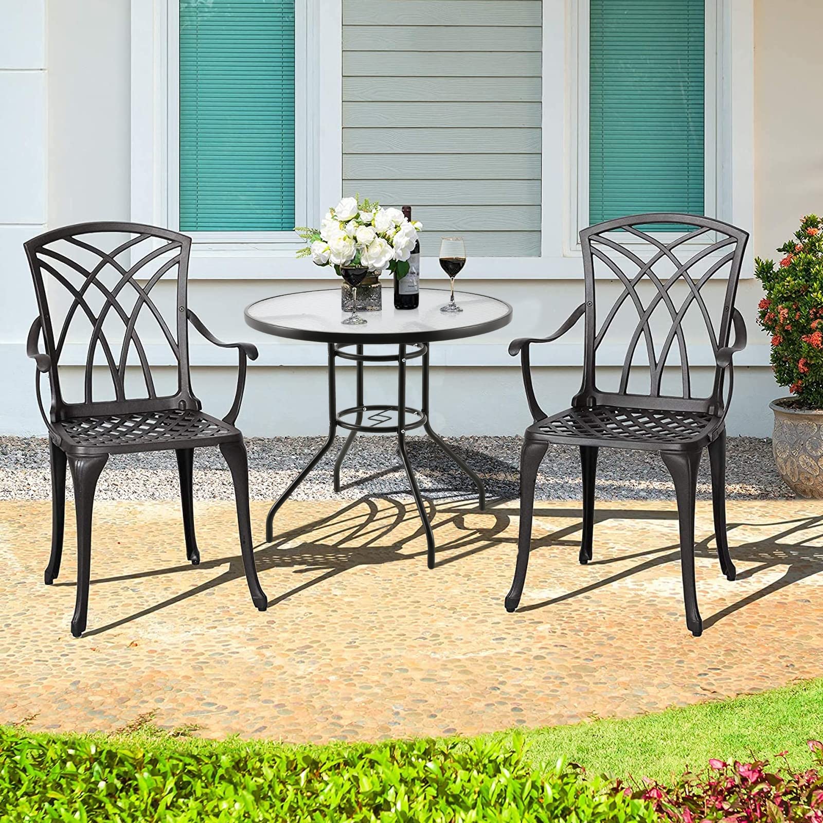 32'' Outdoor Patio Bistro Table with Tempered Glass Top & Umbrella Hole - Steel Frame Garden Furniture for Backyard, Balcony, Lawn - Perfect for Outdoor Dining, Coffee & Party Gatherings