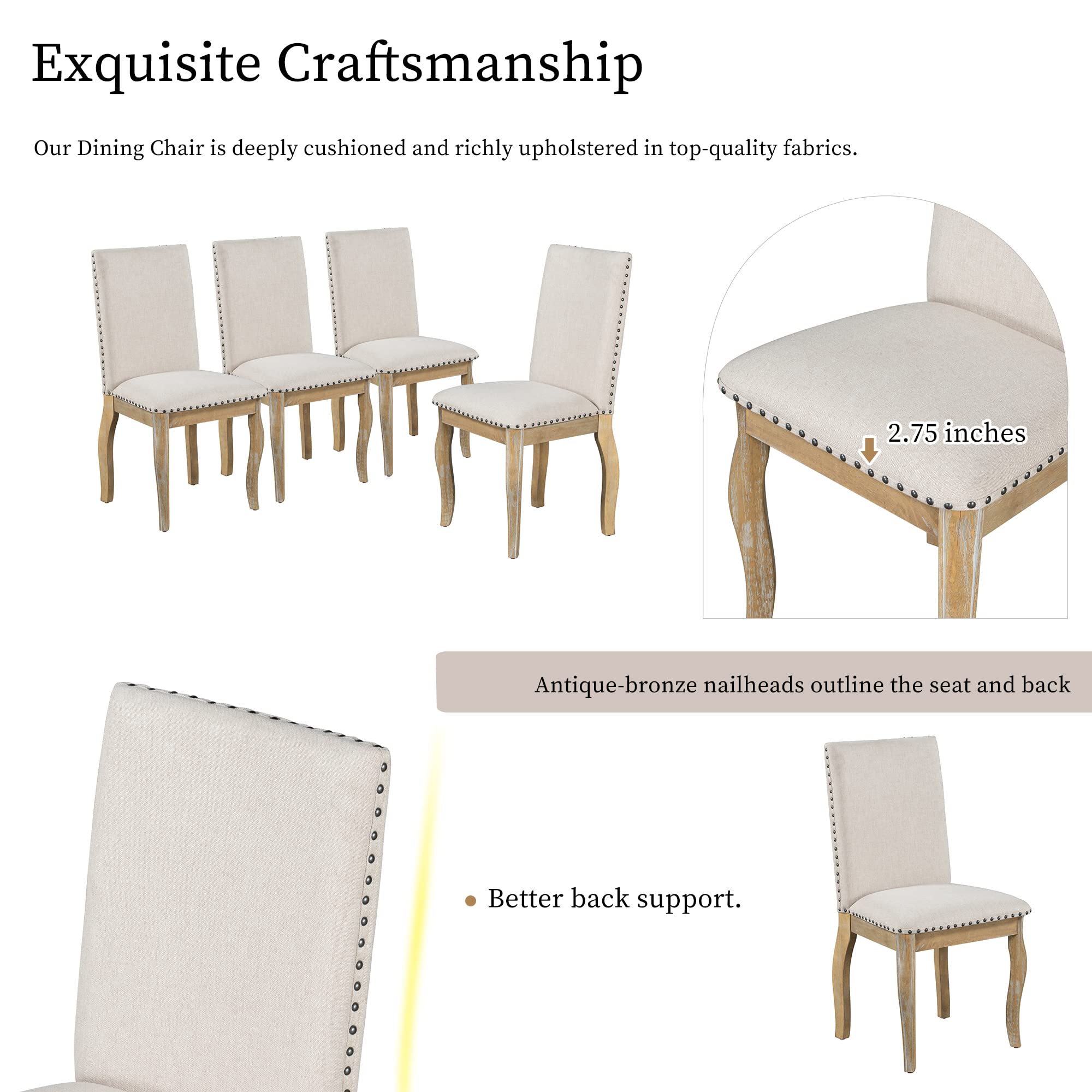 4-Piece Wooden Upholstered Dining Chair Set with Nailhead Trim - Modern Fabric Kitchen Chairs for Dining Room, Breakfast Nook & Entertaining