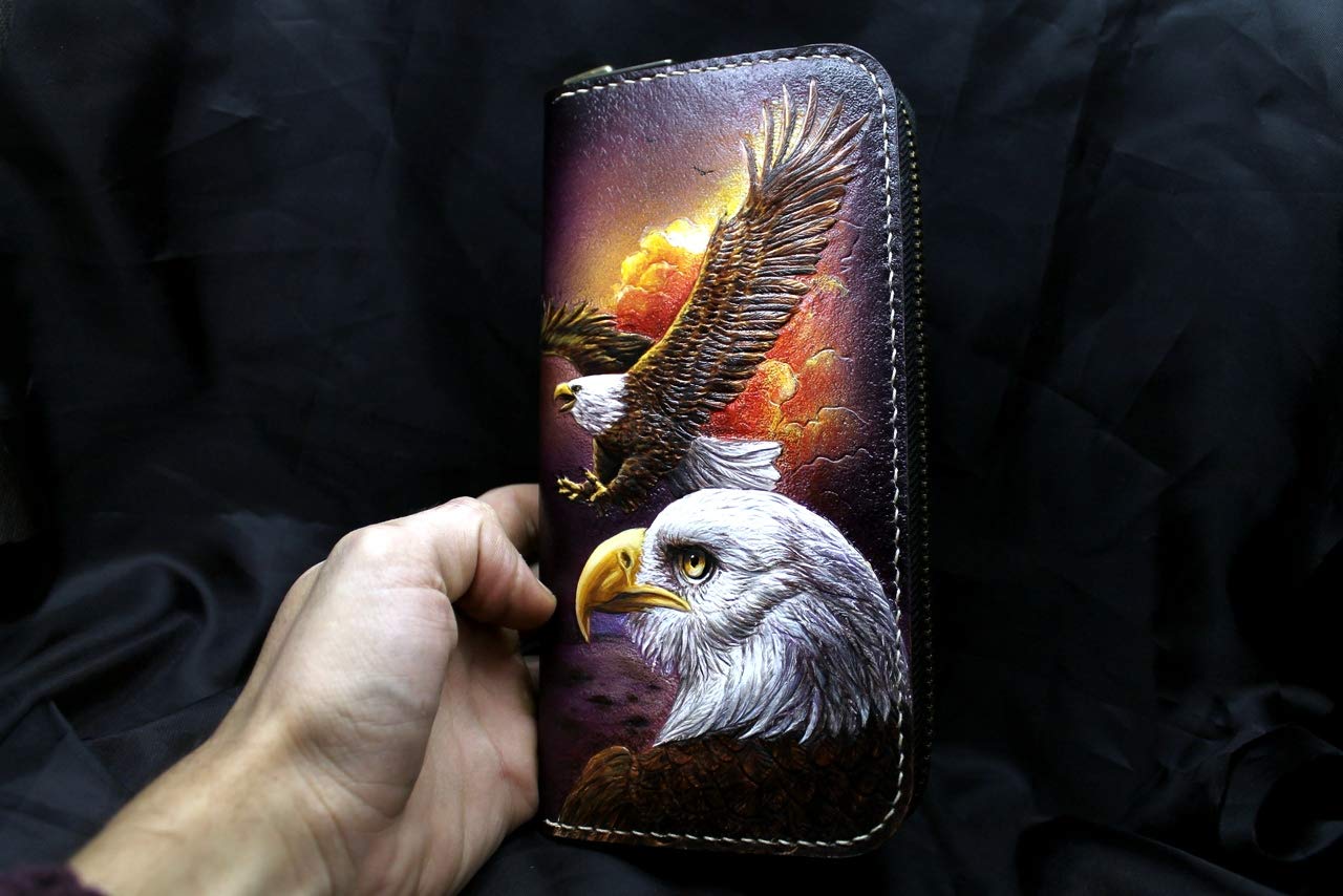 Handcrafted 3D Genuine Leather Men's Wallet - Long Biker Wallet with Eagle Design, Hand-Carved & Hand-Painted Custom Personalized Leather Wallet for Men - Perfect for Motorcycle Enthusiasts & Everyday Use
