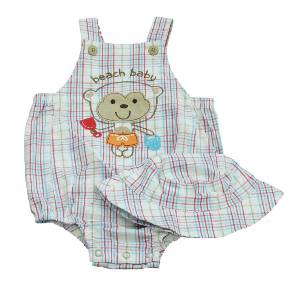 Adorable First Moments Infant Boys Monkey Red Blue Plaid Overall Shorts & Bucket Hat Set - 3 Months - Perfect for Baby Photoshoots, Summer Outings & Special Occasions