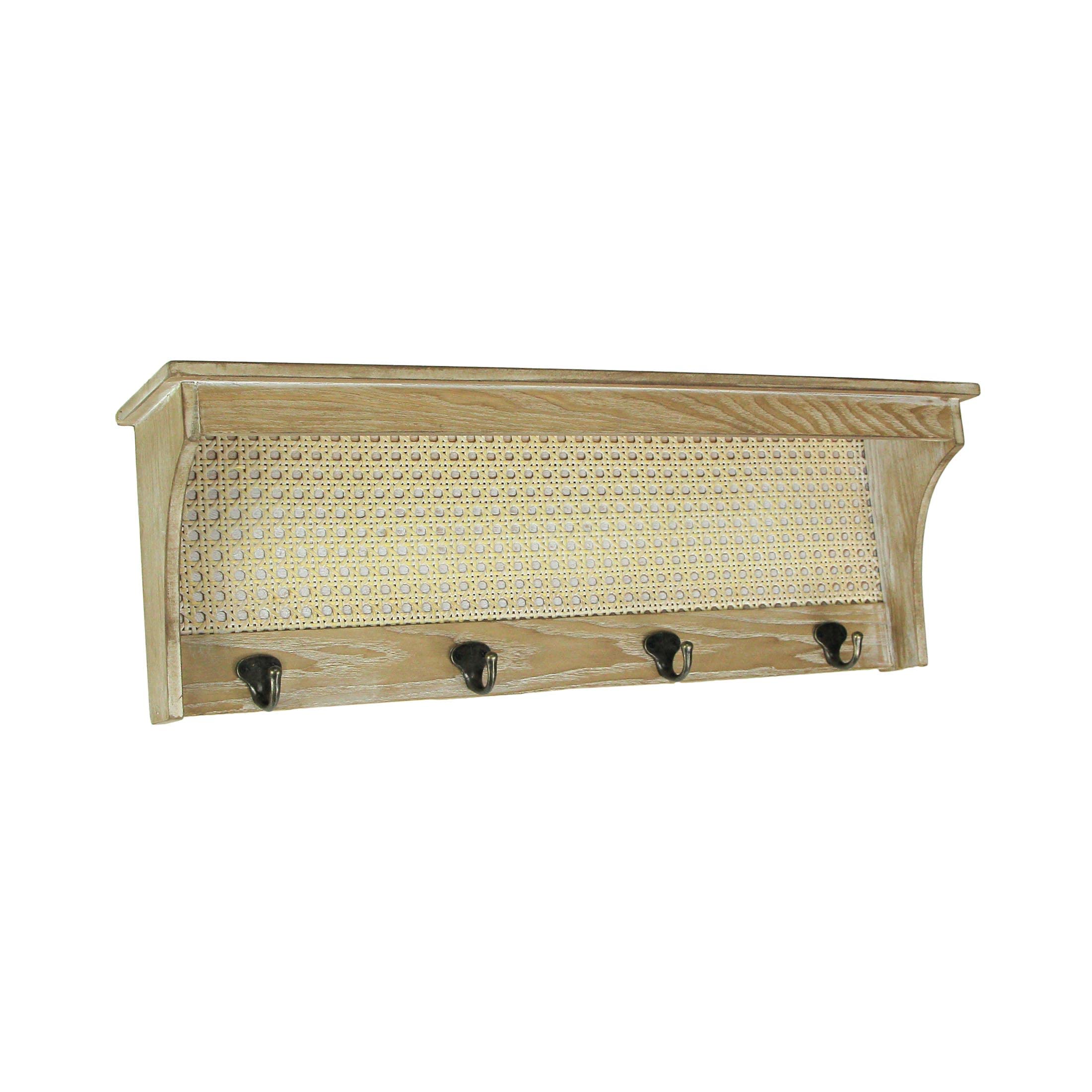 Audrey's Wooden Wall Shelf with Rattan Mesh Cane Webbing & 4 Metal Hooks - Stylish Storage for Bathroom, Kitchen, Bedroom & Entryway Organization