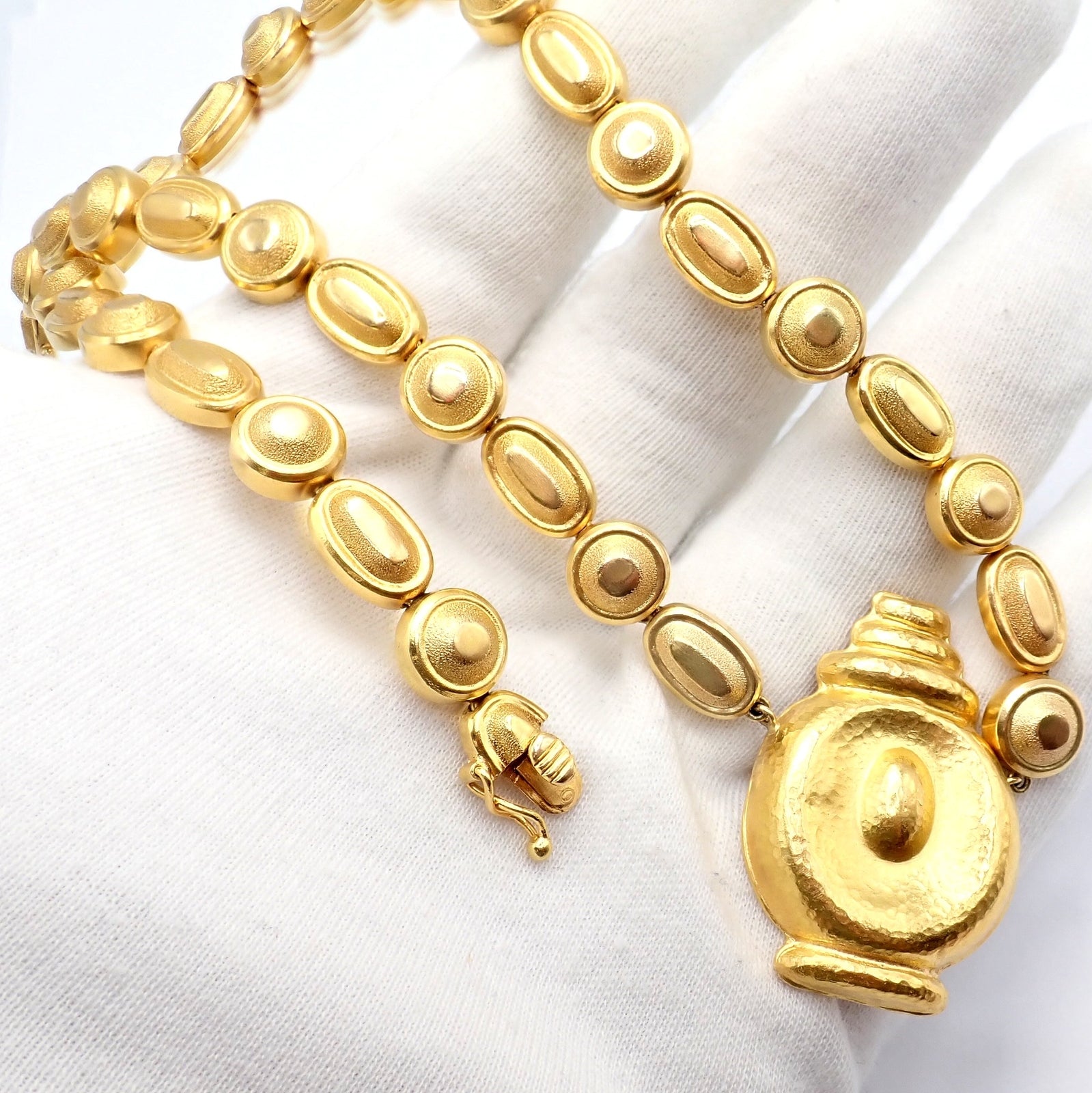 Vintage Estate Ilias Lalaounis 18k Yellow Gold Hammered Vase Necklace - Elegant Jewelry for Weddings, Parties & Special Occasions