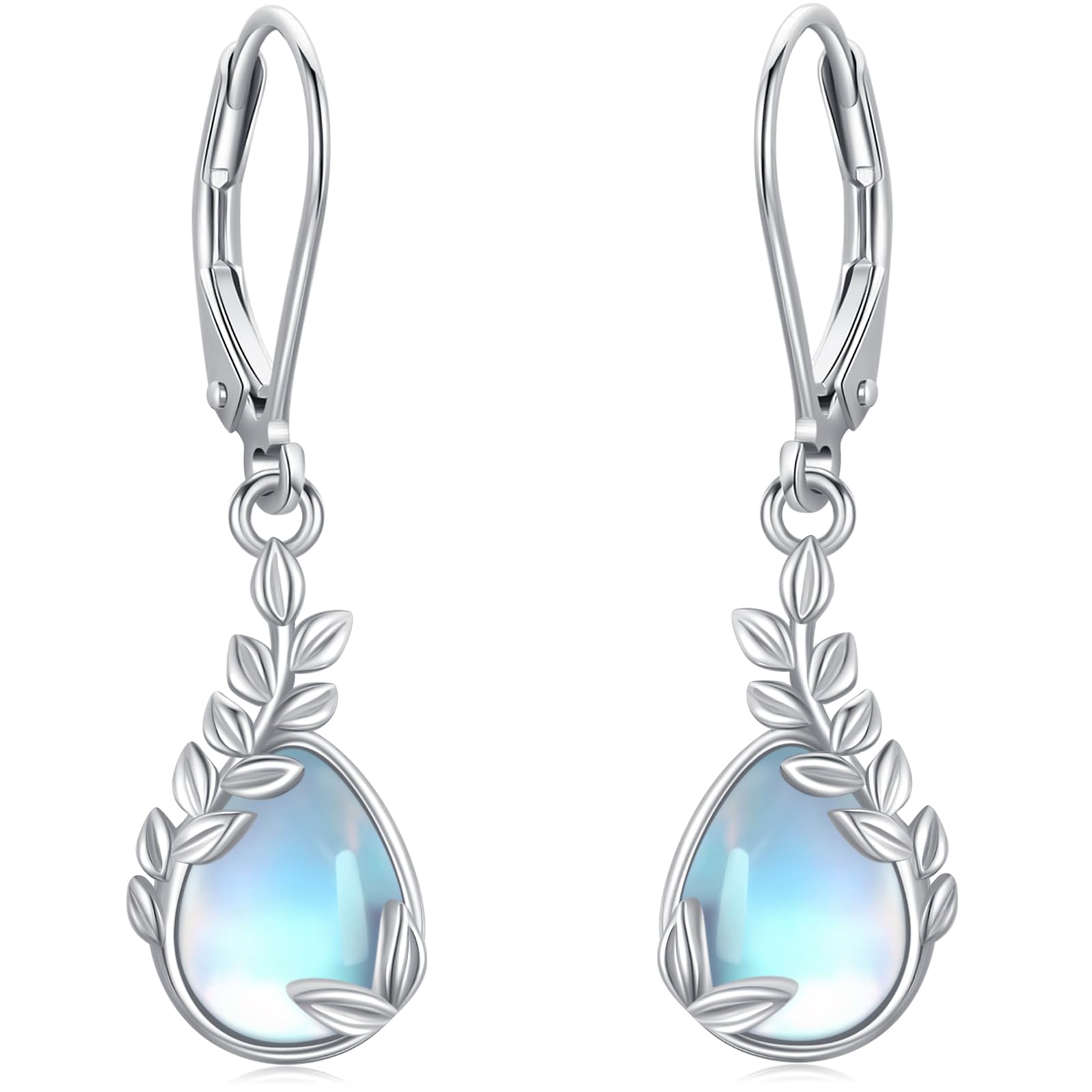 925 Sterling Silver Leaf Dangle Earrings with Moonstone - Elegant Leverback Drop Earrings for Women | Nature-Inspired Jewelry Gift for Birthday, Wedding & Everyday Wear