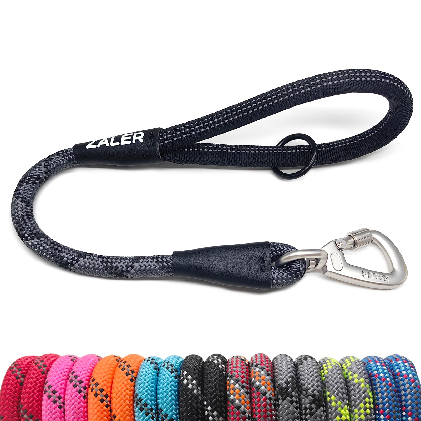 **ZALER 26-Inch Reflective Heavy Duty Dog Leash with O-Ring – Strong Rope Traffic Leash for Large & Medium Dogs – Perfect for Walking, Running & Nighttime Safety (Black Gray)**