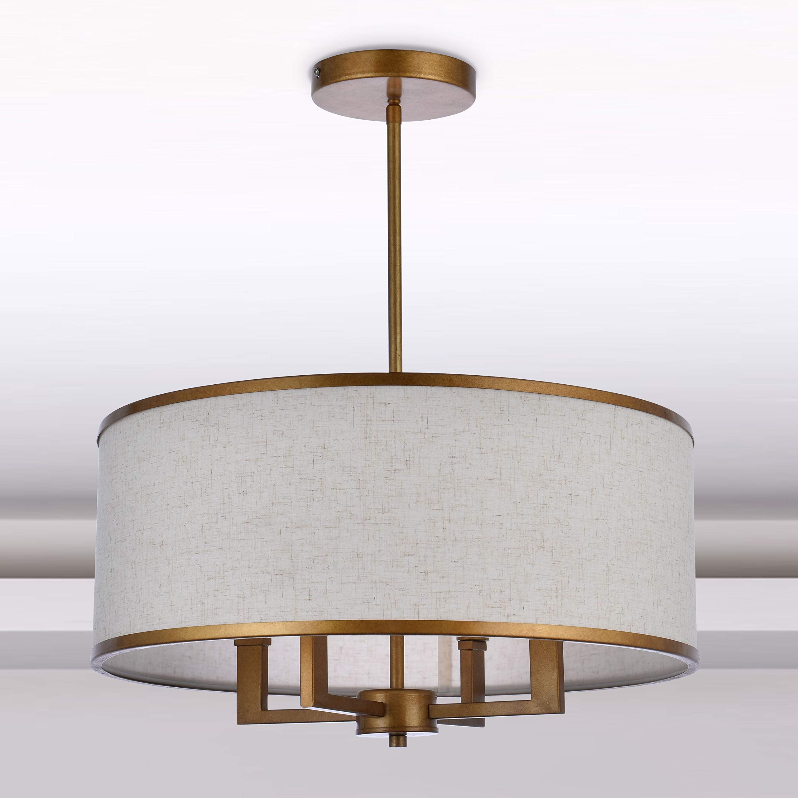 20'' Classic 4-Light Drum Pendant Chandelier with Harvest Linen Shade - Antique Gold Semi-Flush Mount Ceiling Light Fixture for Foyer, Entryway, Hallway & Dining Room | Perfect for Farmhouse, Vintage & Modern Home Decor