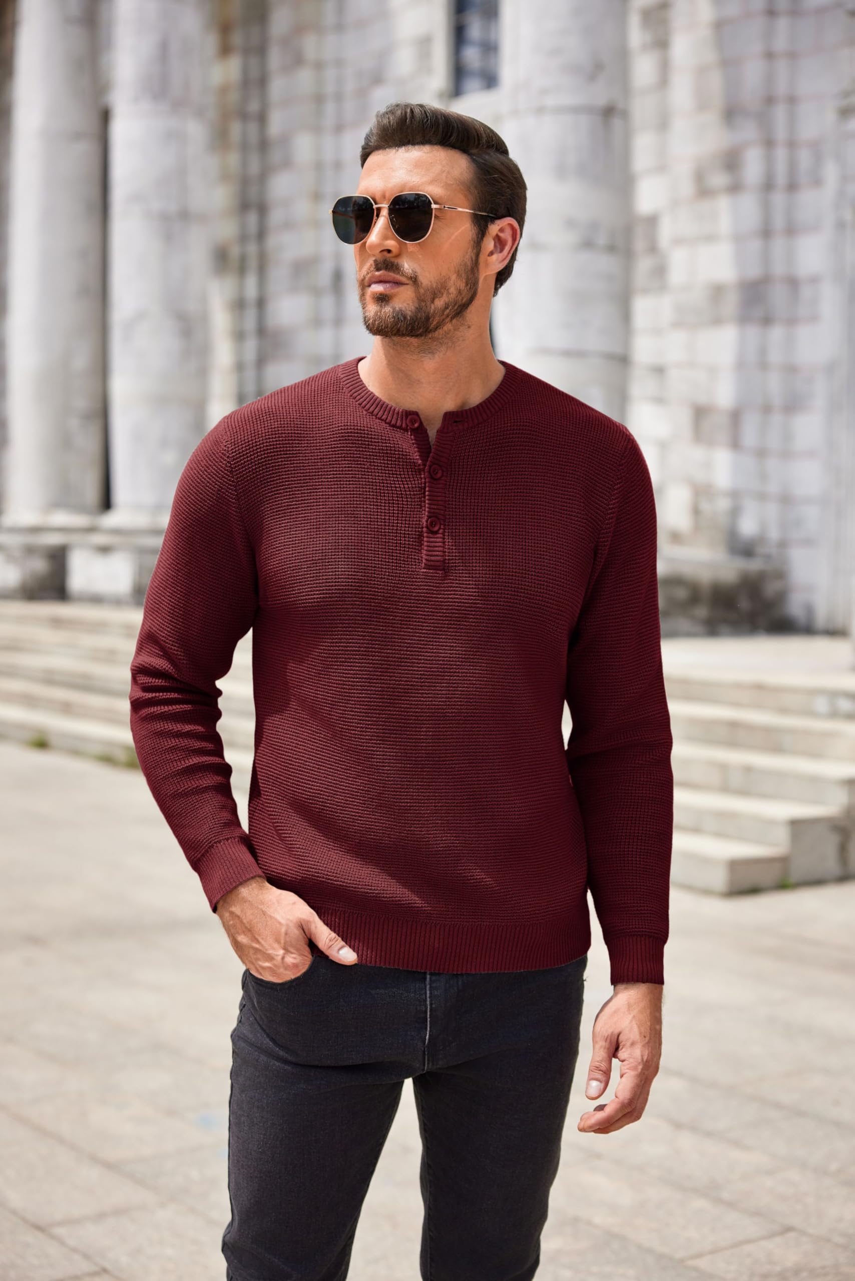 COOFANDY Men's Henley Knit Sweater - Long Sleeve Button Pullover with Waffle Texture | Casual Fashion Sweater for Men | Perfect for Fall, Winter & Date Nights