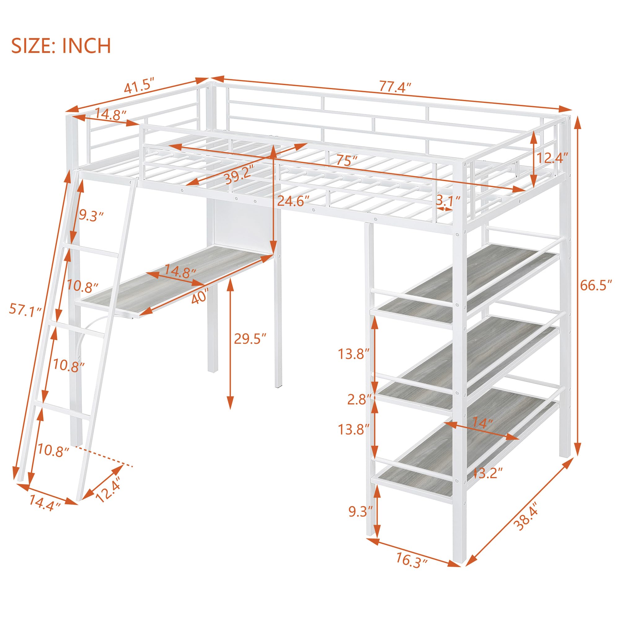 BOVZA Twin Size Loft Bed with Study Desk, Whiteboard & 3 Storage Shelves - Sturdy Metal Frame with Ladder & Safety Rails for Kids & Teens - Space-Saving Bedroom Solution for Small Rooms, Dorms & Apartments - White