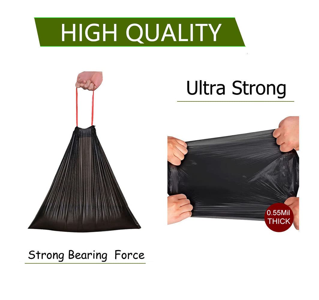 Feisco 3 Gallon Black Trash Bags - Small Drawstring Garbage Bags for Bathroom, Office & Kitchen - 100 Count (0.55 Mil Thick) - Perfect for Small Trash Cans, Diaper Pails & Wastebaskets