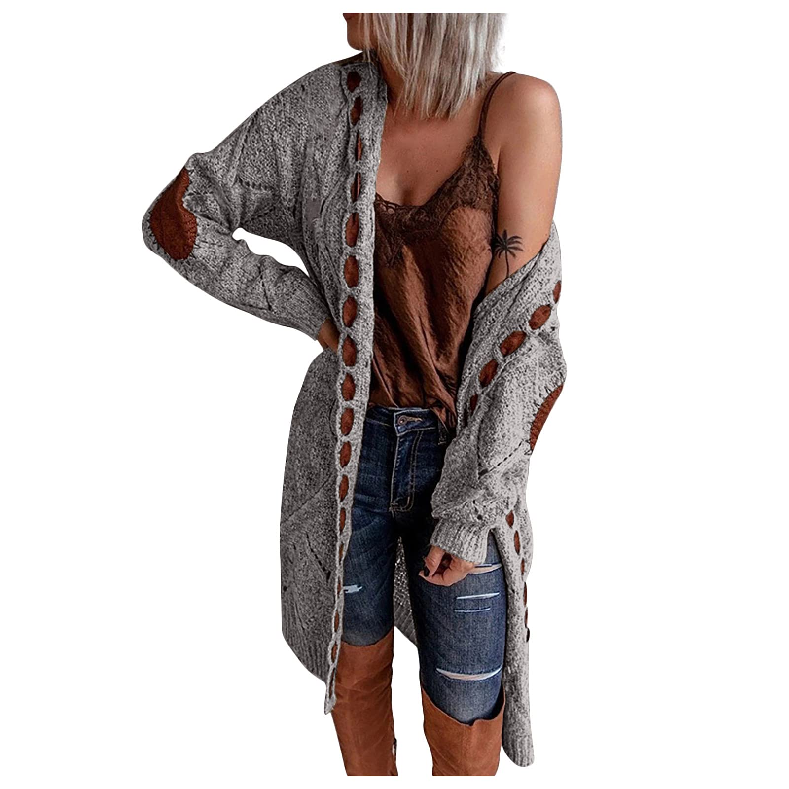 Women's Long Chunky Cardigan - Lightweight Knit Sweater with Elbow Patches & Hood - Cozy Fall & Winter Fashion for Office, Travel & Casual Outfits