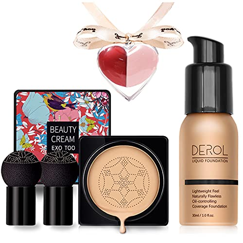 Mushroom Head Air Cushion CC Cream & Foundation - Full Coverage Liquid Concealer Makeup with 2 Mushroom Sponges & 2 Beauty Blenders | Lightweight, Moisturizing, Waterproof Flawless Foundation Set (Beige #104) | Perfect for Everyday Wear, Photo Shoots & Special Occasions